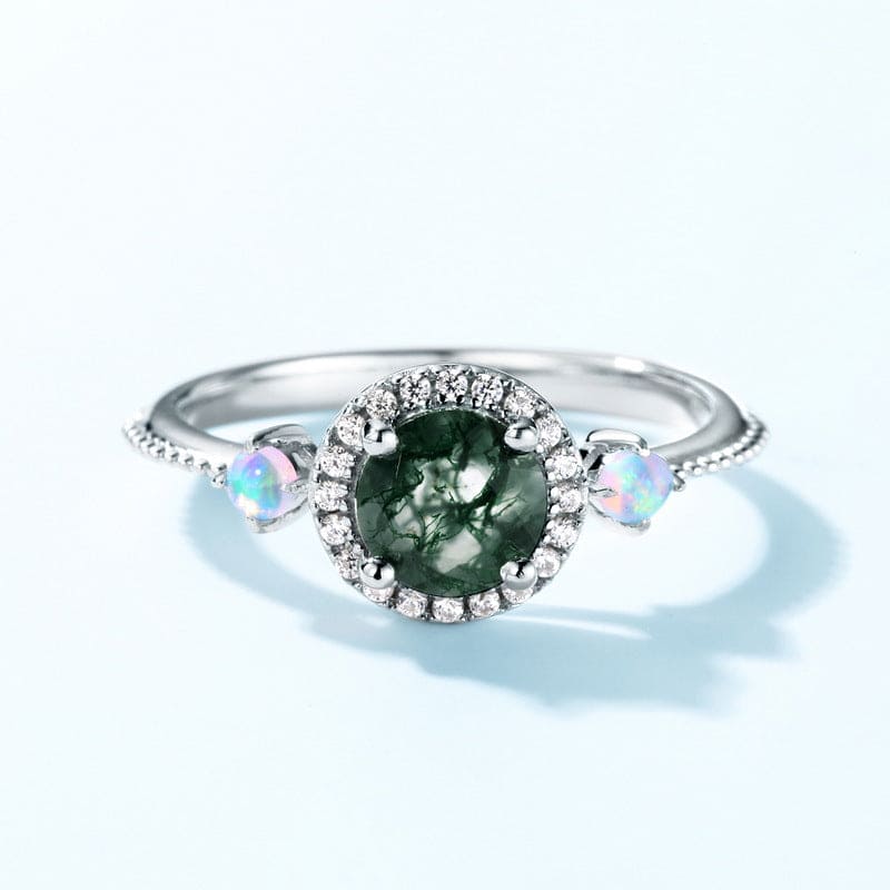 Anillo de ágata musgosa natural de corte redondo y opalescente en plata de ley S925