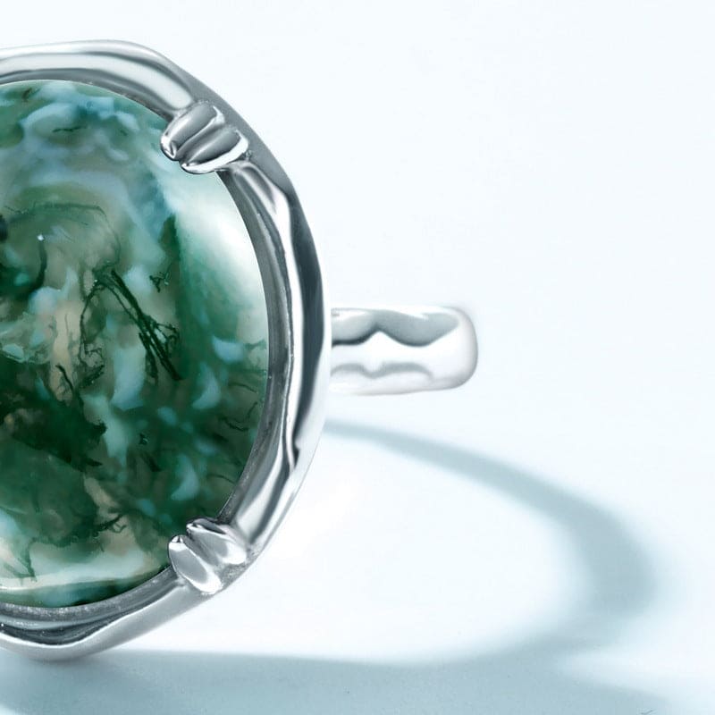 Organic Flow Natural Moss Agate Ring - S925 Sterling Silver