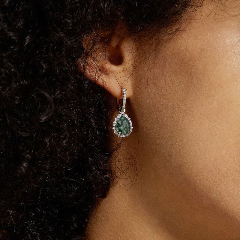 Pendientes de ágata musgosa natural con halo en forma de lágrima - Plata de ley S925