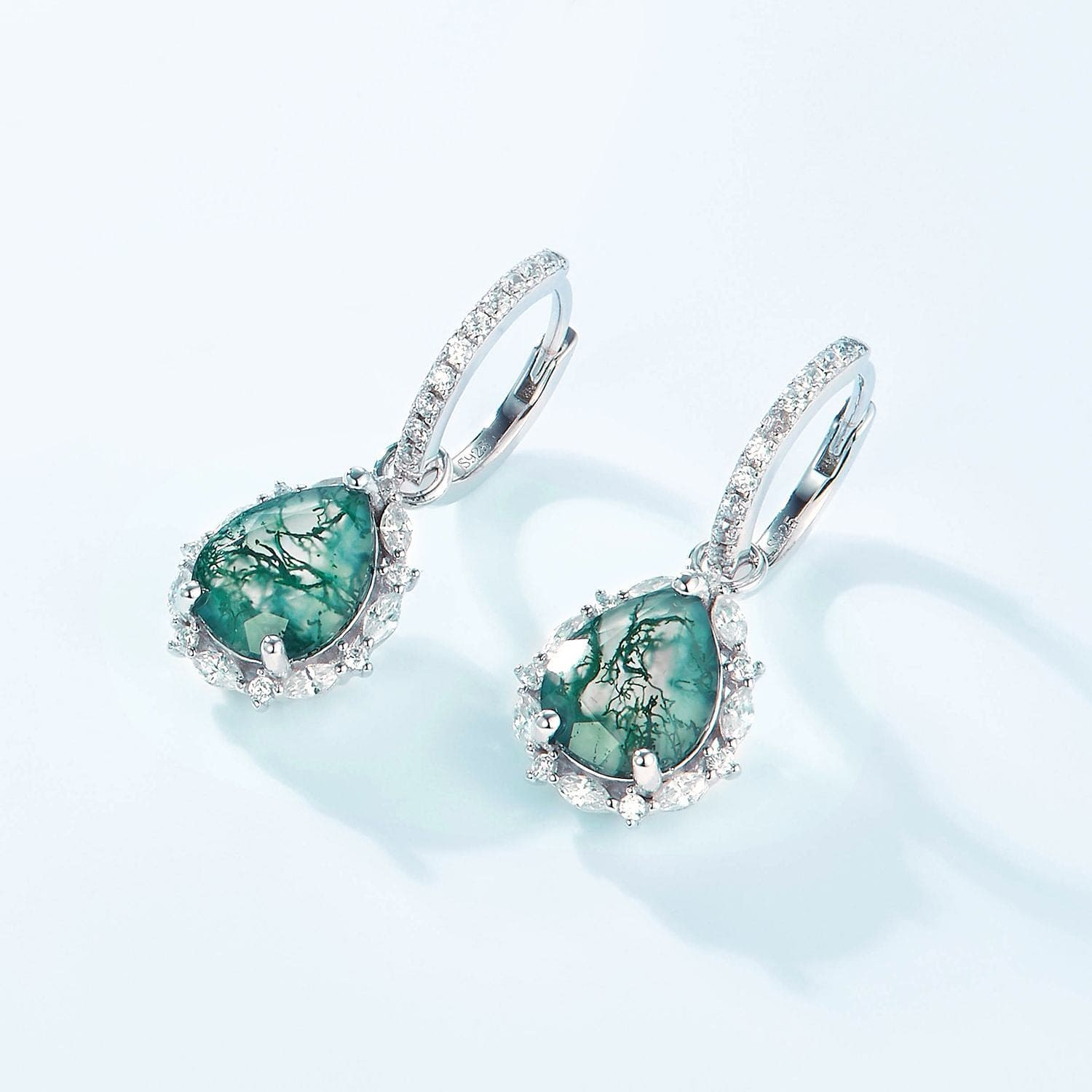Pendientes de ágata musgosa natural con halo en forma de lágrima - Plata de ley S925