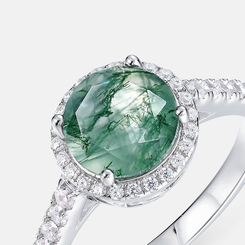Anillo ovalado de ágata musgosa natural y detalles de diamantes - Plata de ley S925