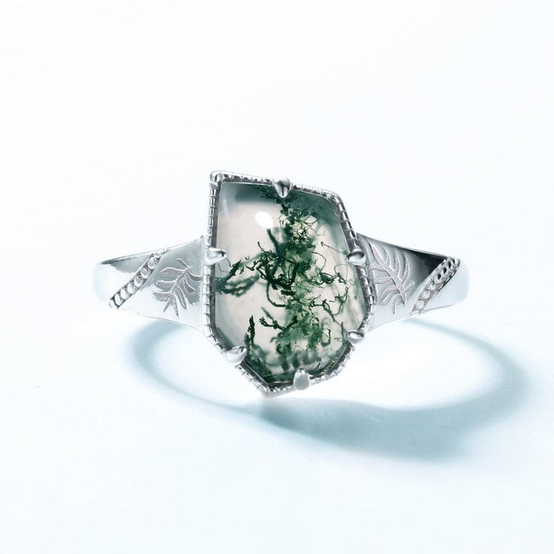 Ring mit natürlichem Moosachat-Blatt-Design im Kissenschliff – S925 Sterling Silber