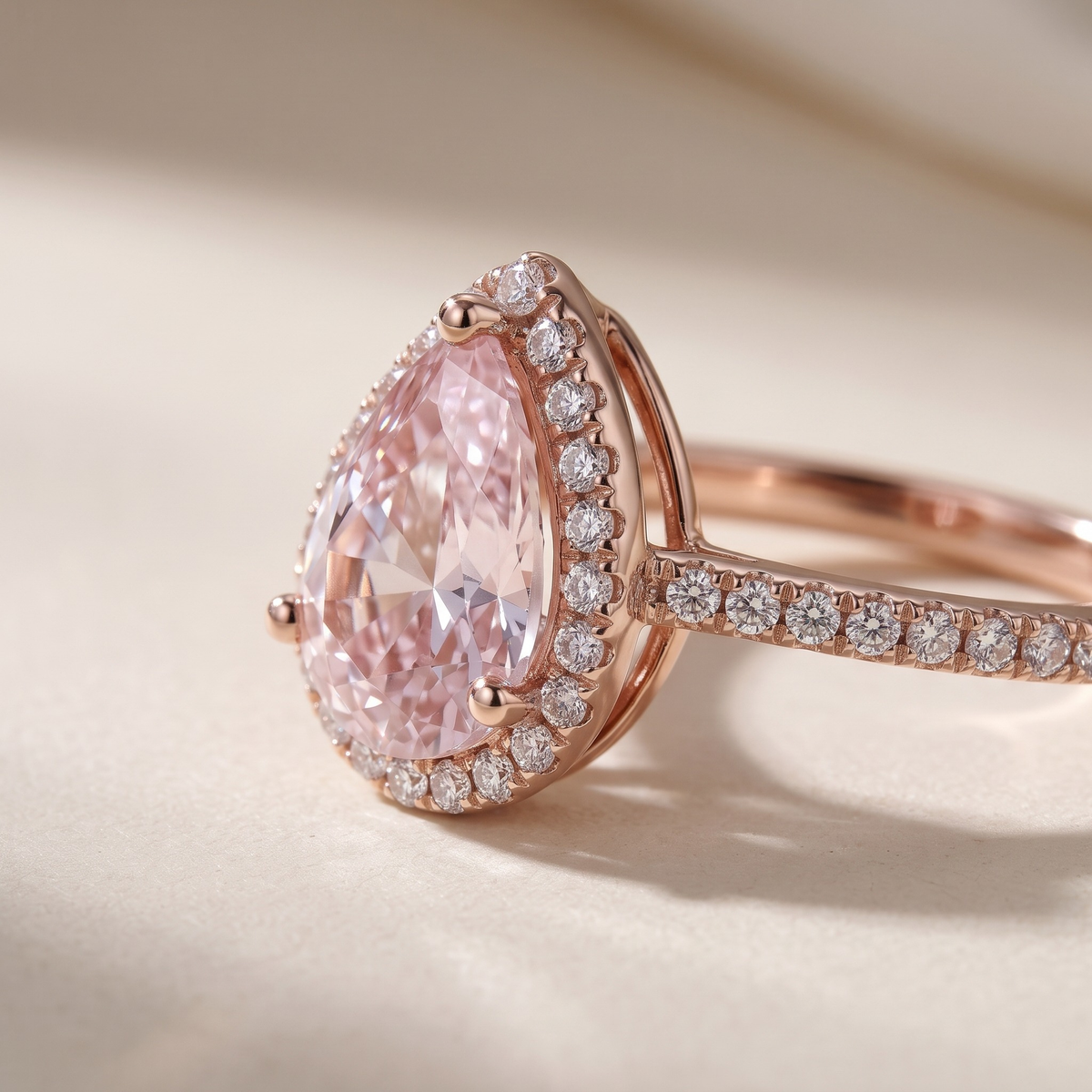 The Sabira pink pear moissanite halo ring in rose gold, macro close-up