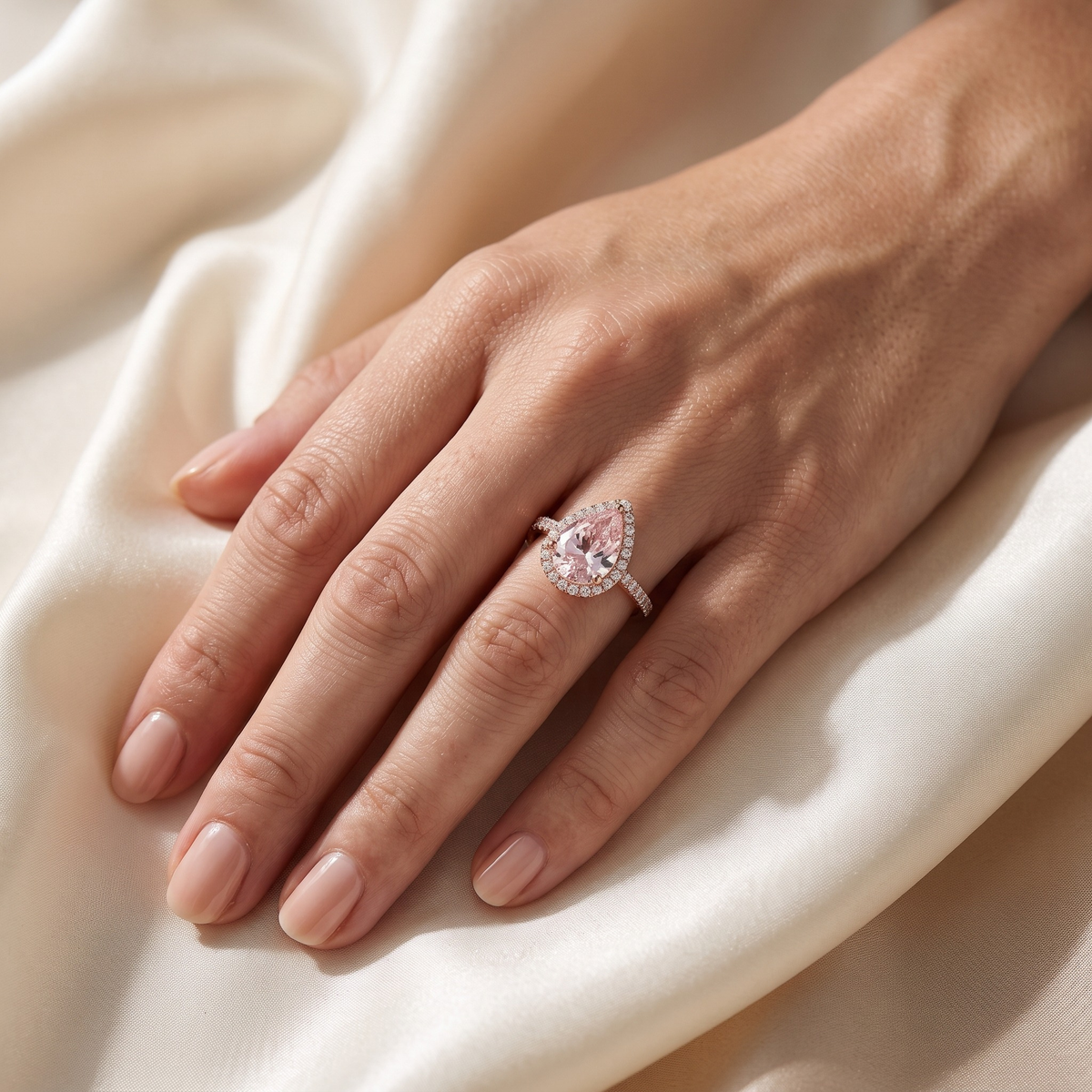 The Sabira rose gold pink pear halo ring worn on a model hand