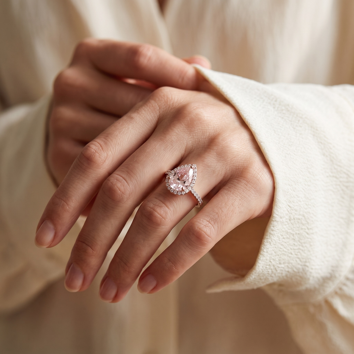 The Sabira rose gold pink pear halo ring worn by a model, cuff detail