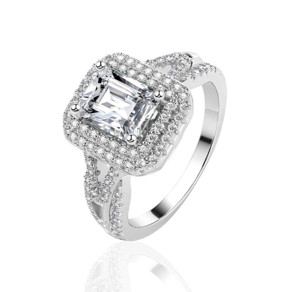 2CT Emerald Cut Double Halo Moissanite Ring