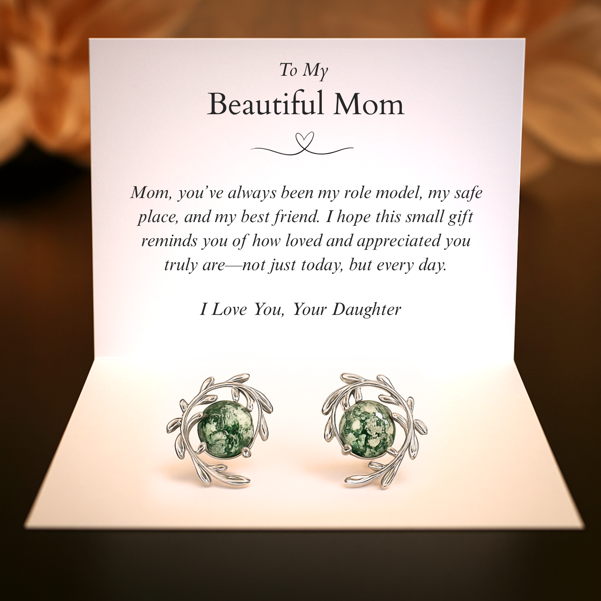 To My Beautiful Mom, From Daughter | Leaf Moss Agate Earrings - S925