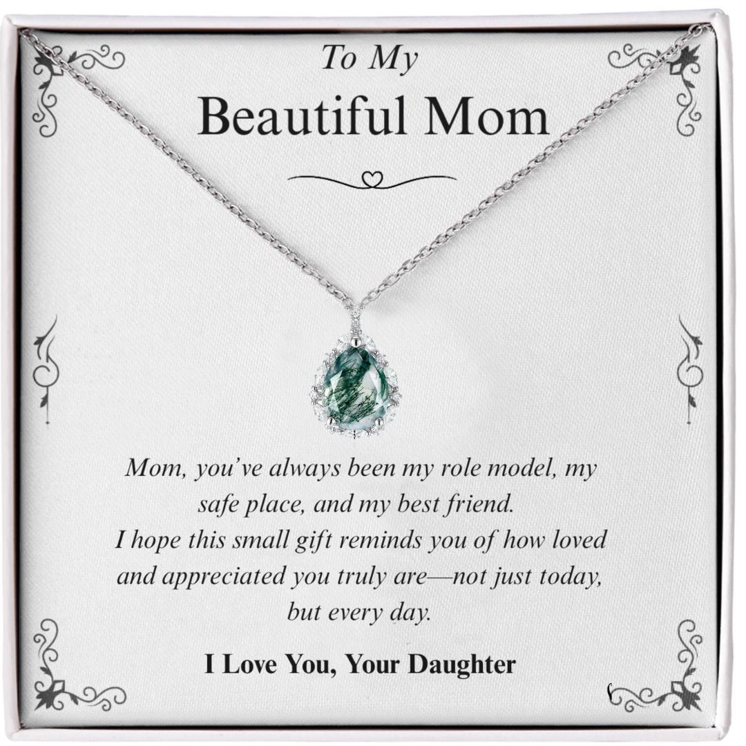 To My Beautiful Mom | Teardrop Moss Agate Necklace | From Daughter