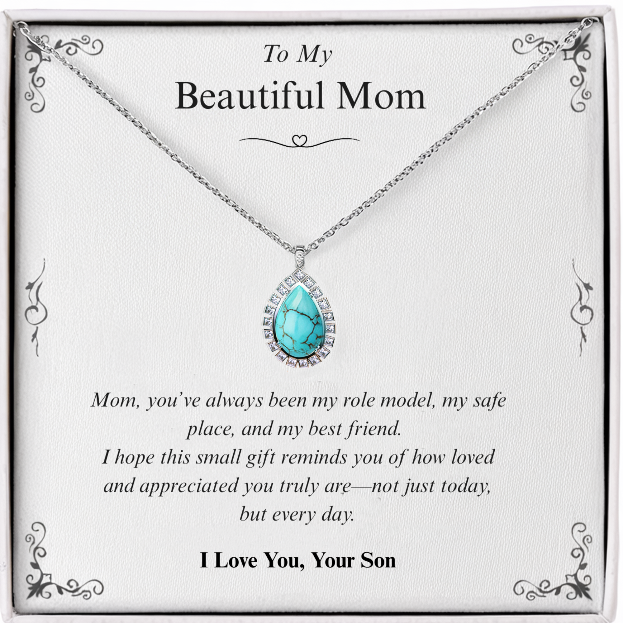 To My Beautiful Mom | Azure Oceanic Turquoise Diamond Necklace