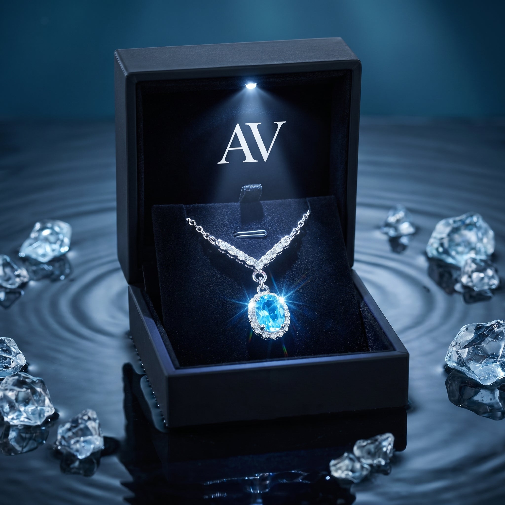 Oval aquamarine halo necklace presented in a black LED-lit gift box surrounded by raw blue crystals.