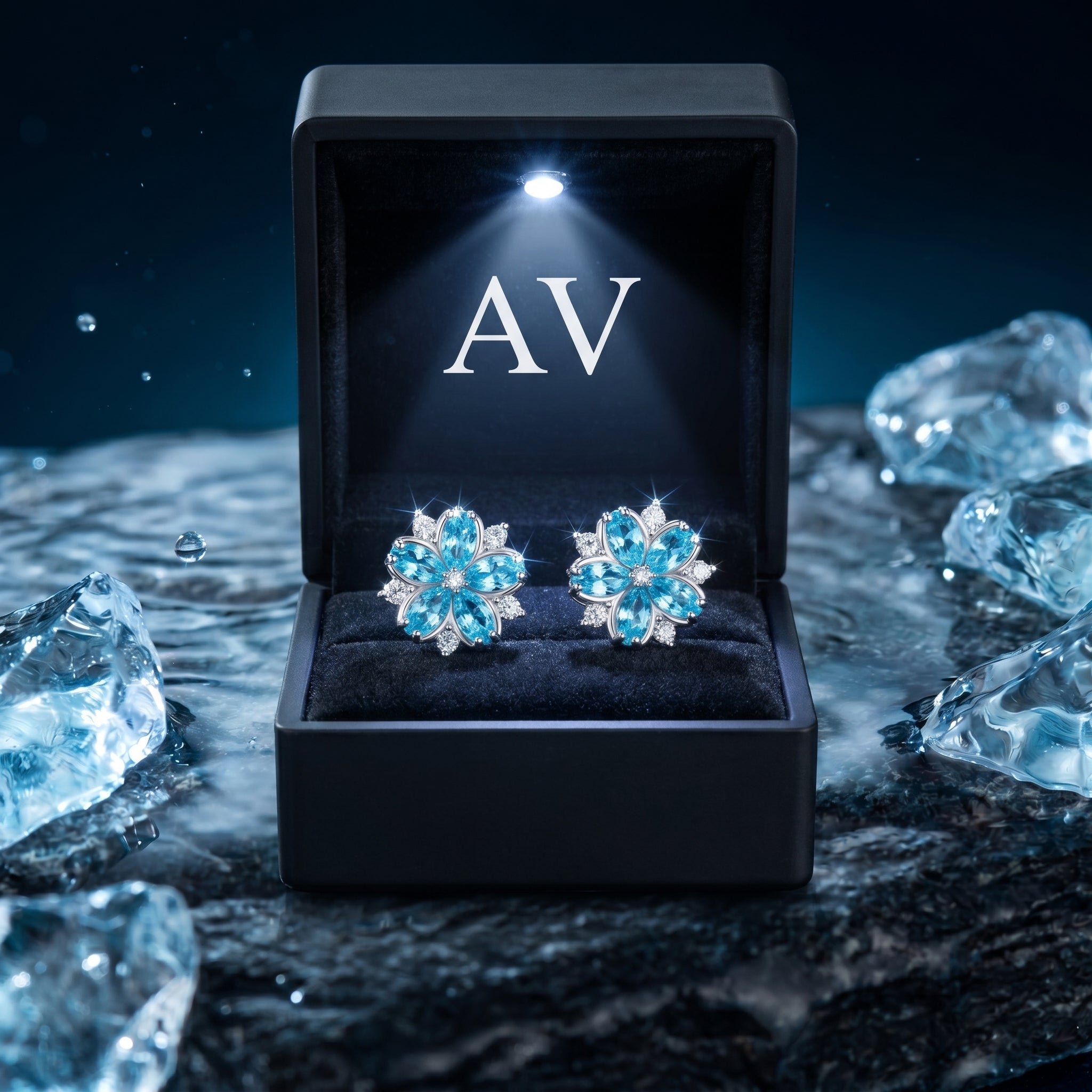 Aquamarine flower stud earrings in a black lighted gift box with AV branding on a wet stone.
