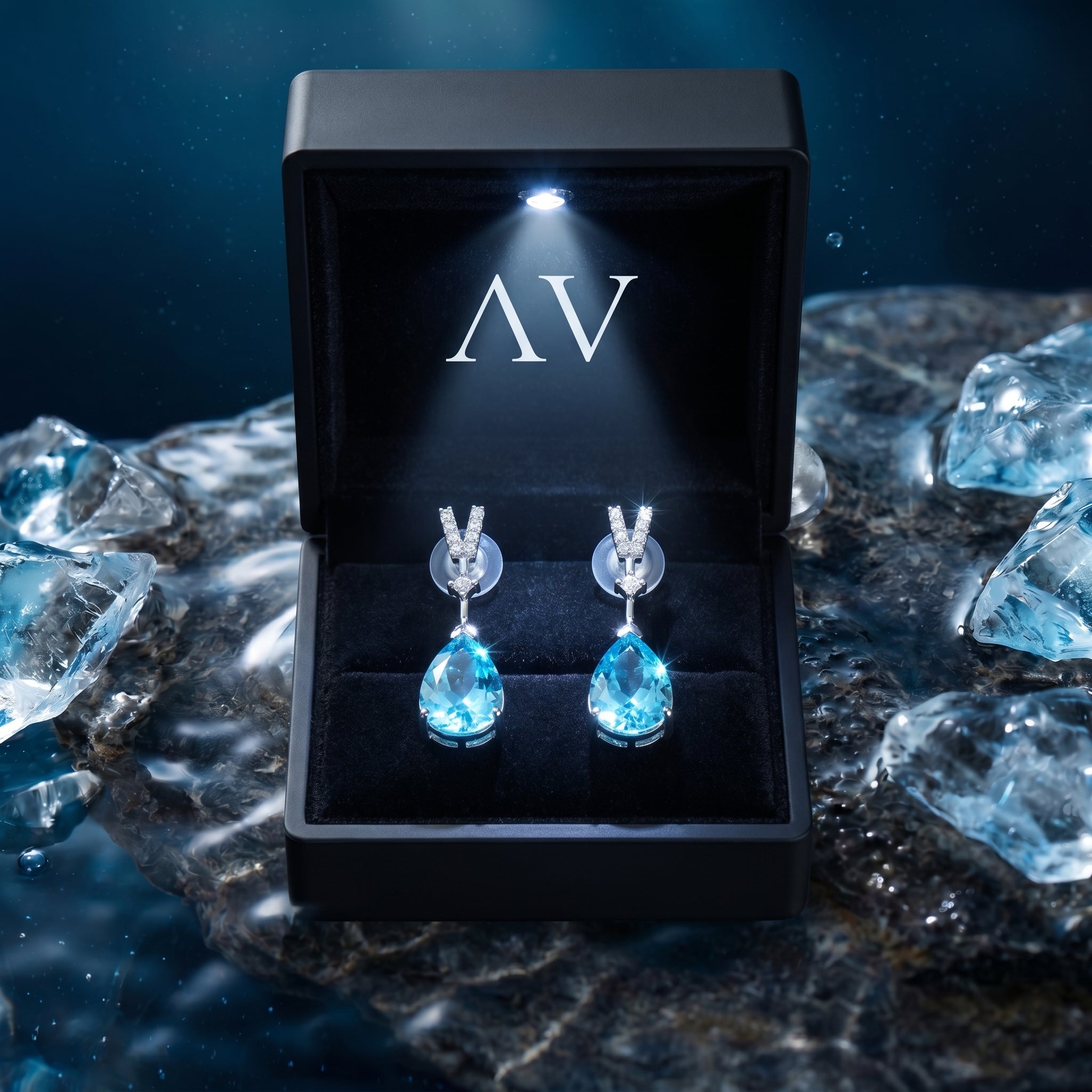 Pear-cut aquamarine platinum drop earrings displayed in a black illuminated AV jewelry presentation box.