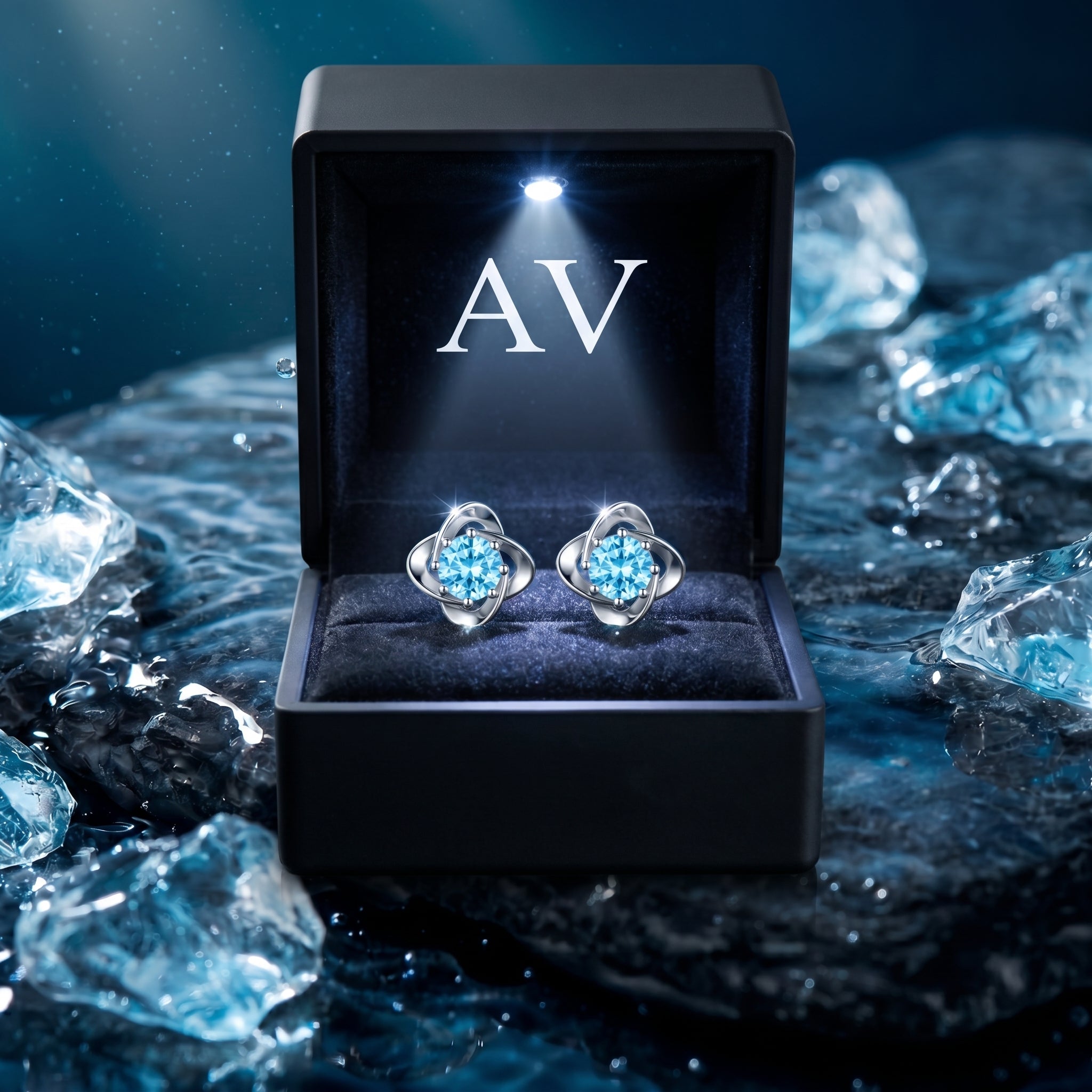 Round cut aquamarine platinum stud earrings in a black LED-lit presentation box on a wet stone background.