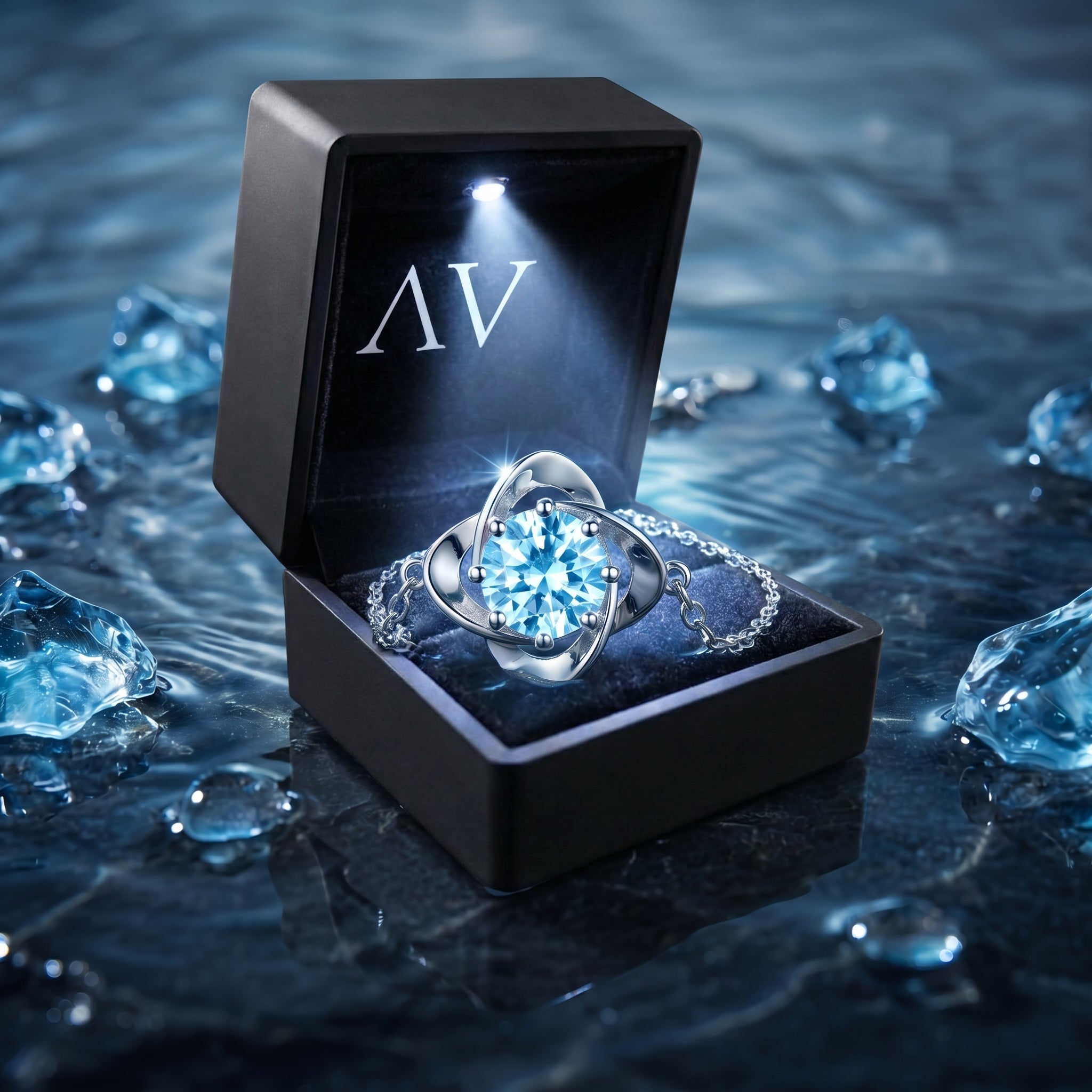 Round cut aquamarine platinum bracelet inside a lighted black jewelry box on a dark wet surface.