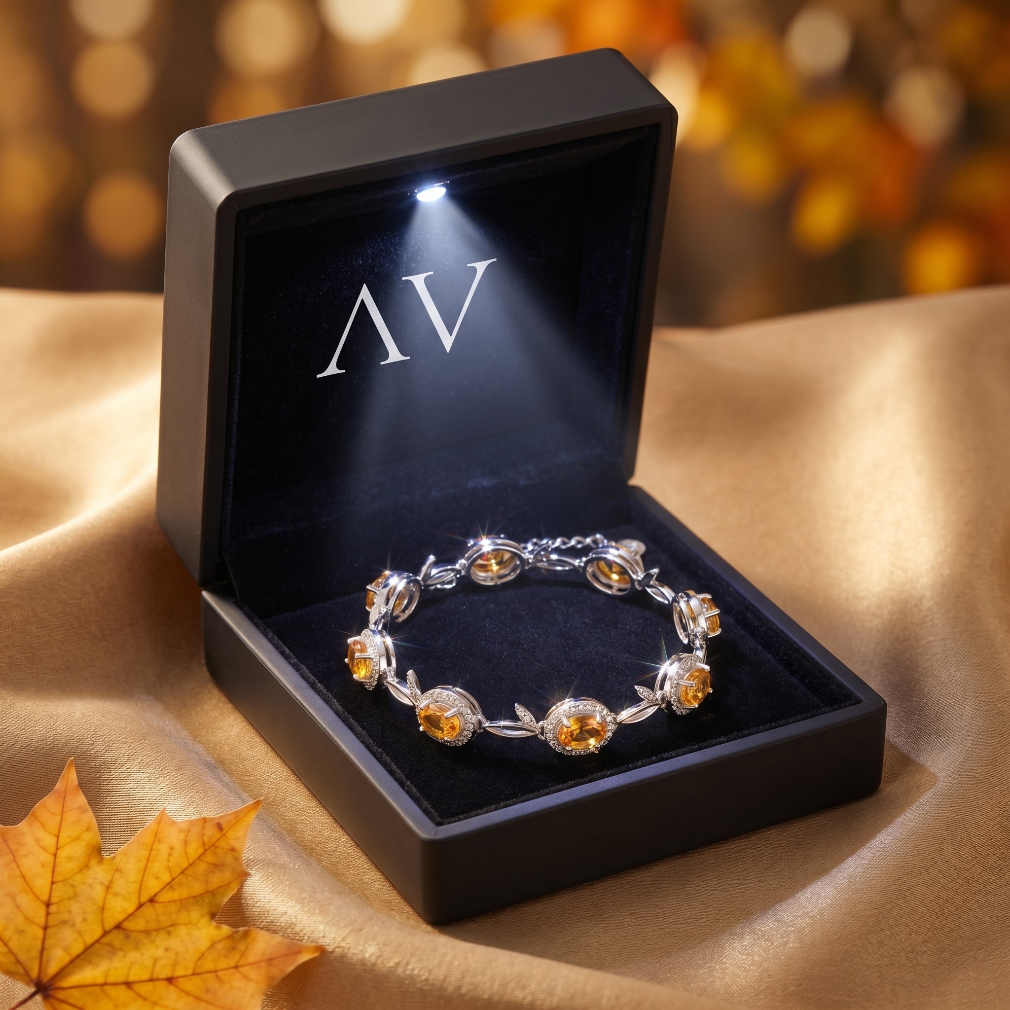 Sunniva natural citrine bracelet in a premium black lighted gift box, highlighting the silver and golden gemstones.