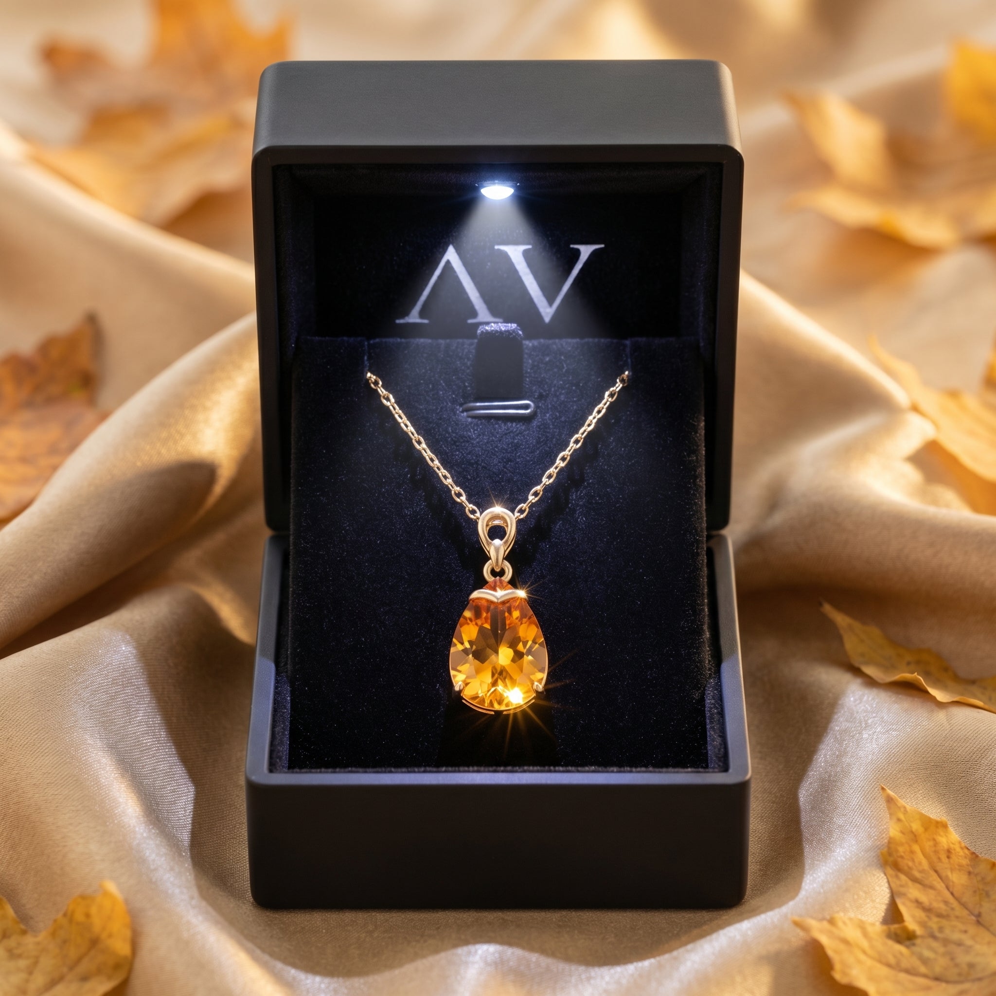 18K yellow gold pear-cut citrine necklace presented in a luxury black LED-lit jewelry gift box.