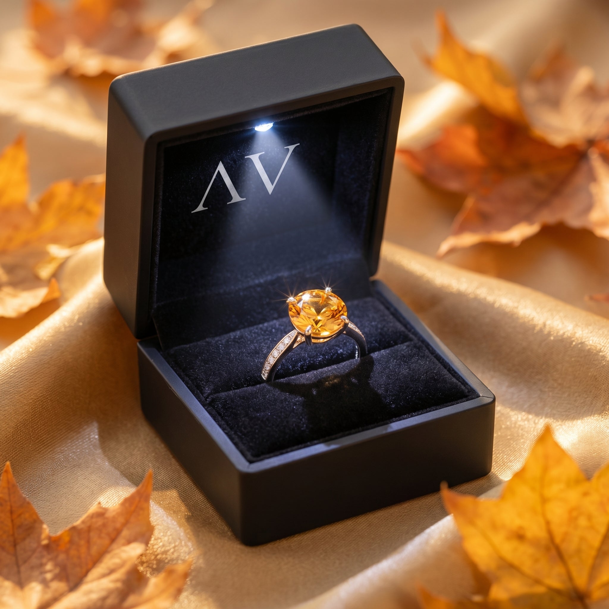 18K yellow gold citrine ring presented in a black lighted gift box surrounded by autumn leaves.