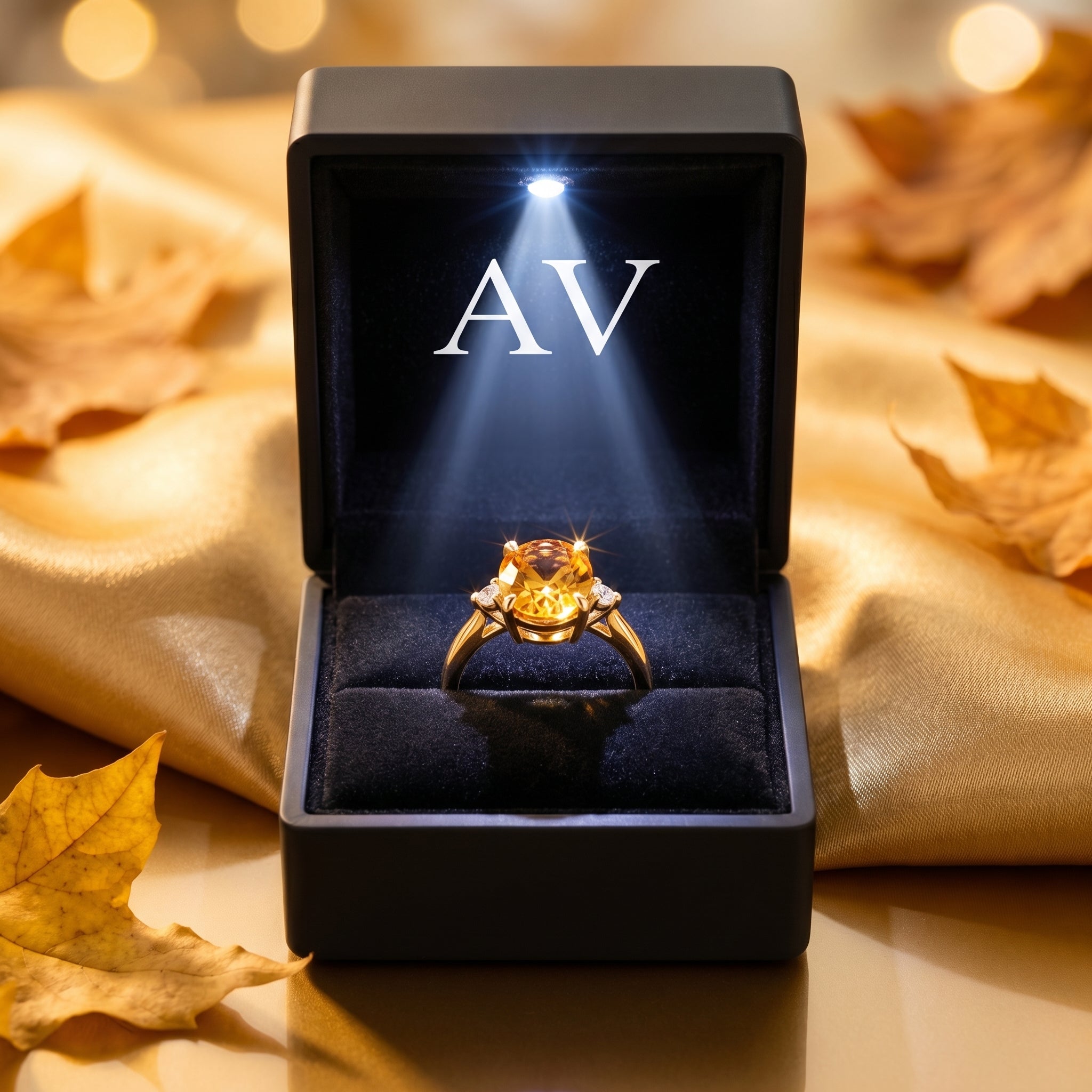 18K yellow gold oval-cut natural citrine ring displayed in a black illuminated jewelry gift box.