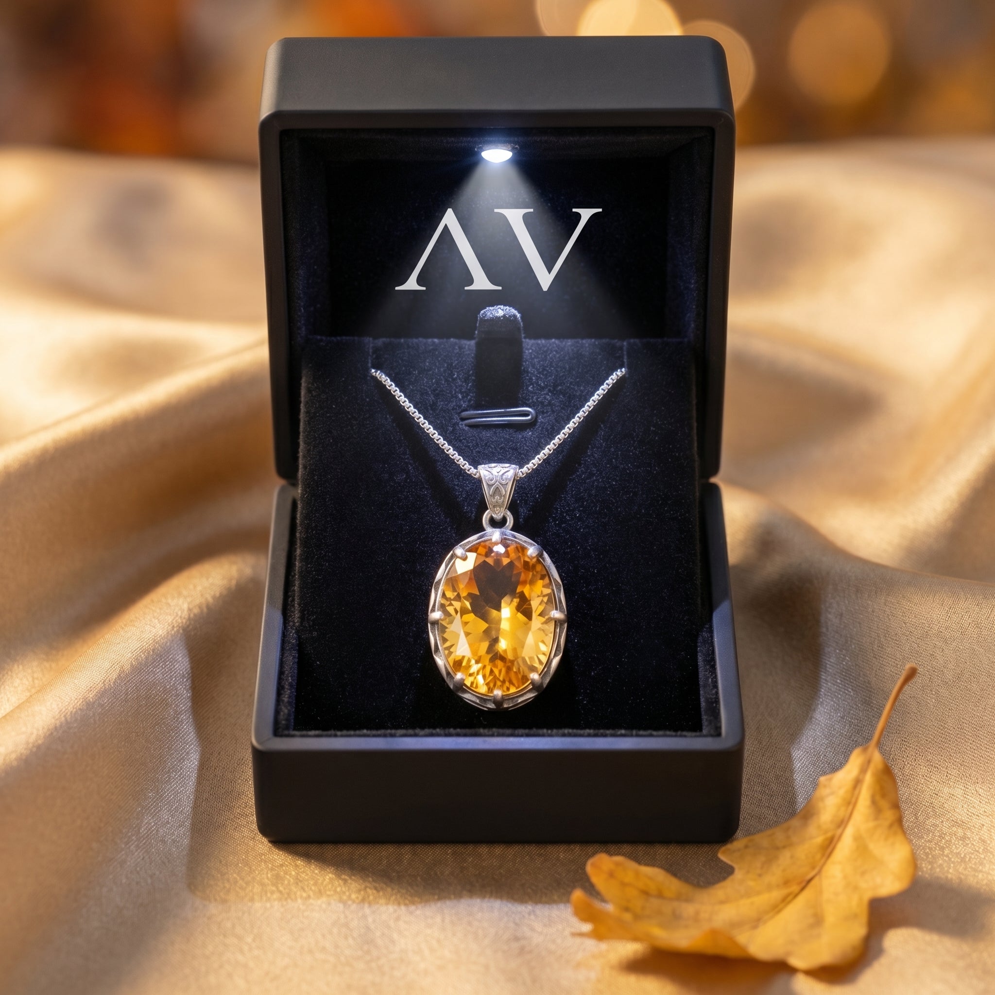 Oval cut citrine silver necklace displayed in a premium black LED-lit gift box with a branded interior.