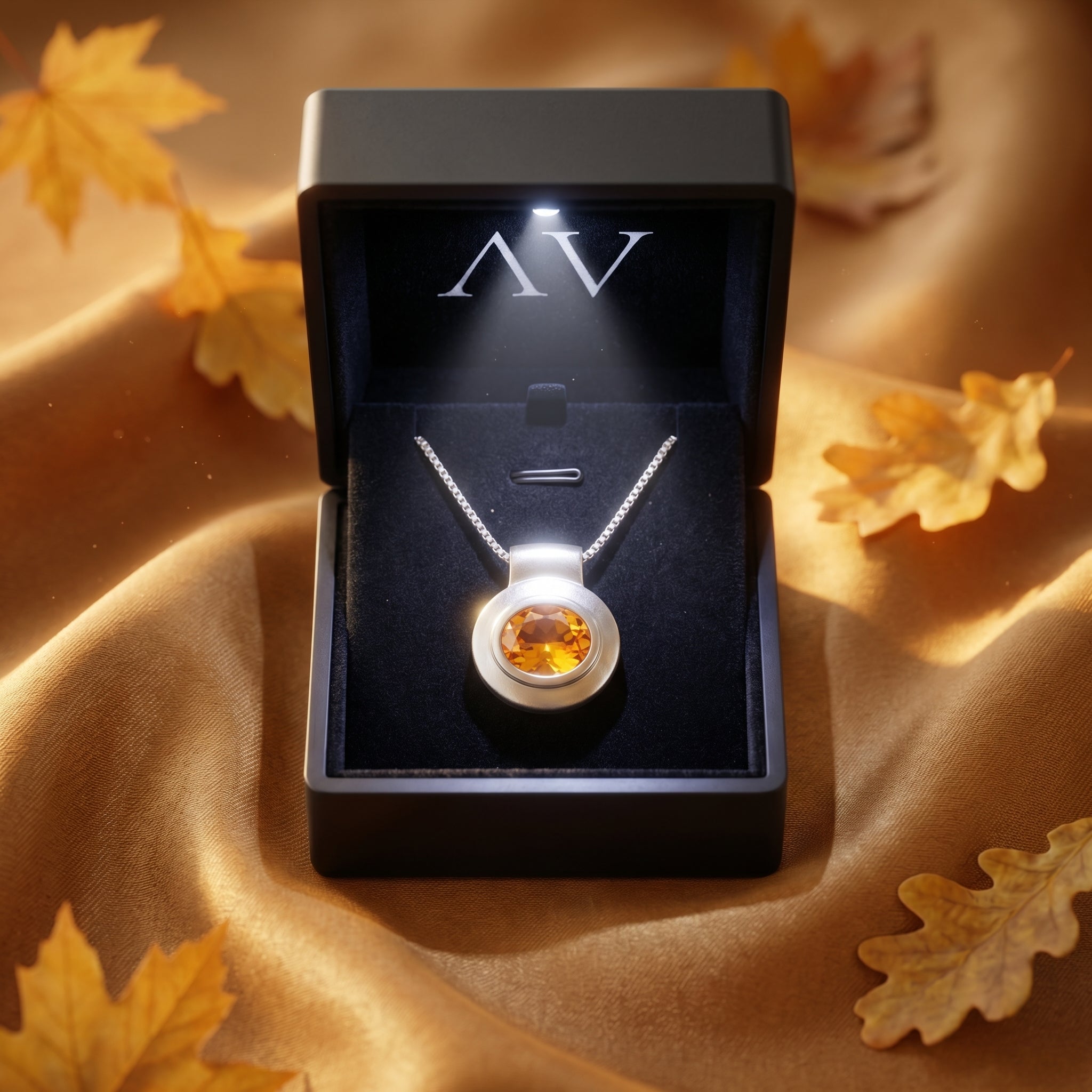 Natural citrine pendant necklace in silver displayed in a lighted black jewelry gift box with autumn leaves.