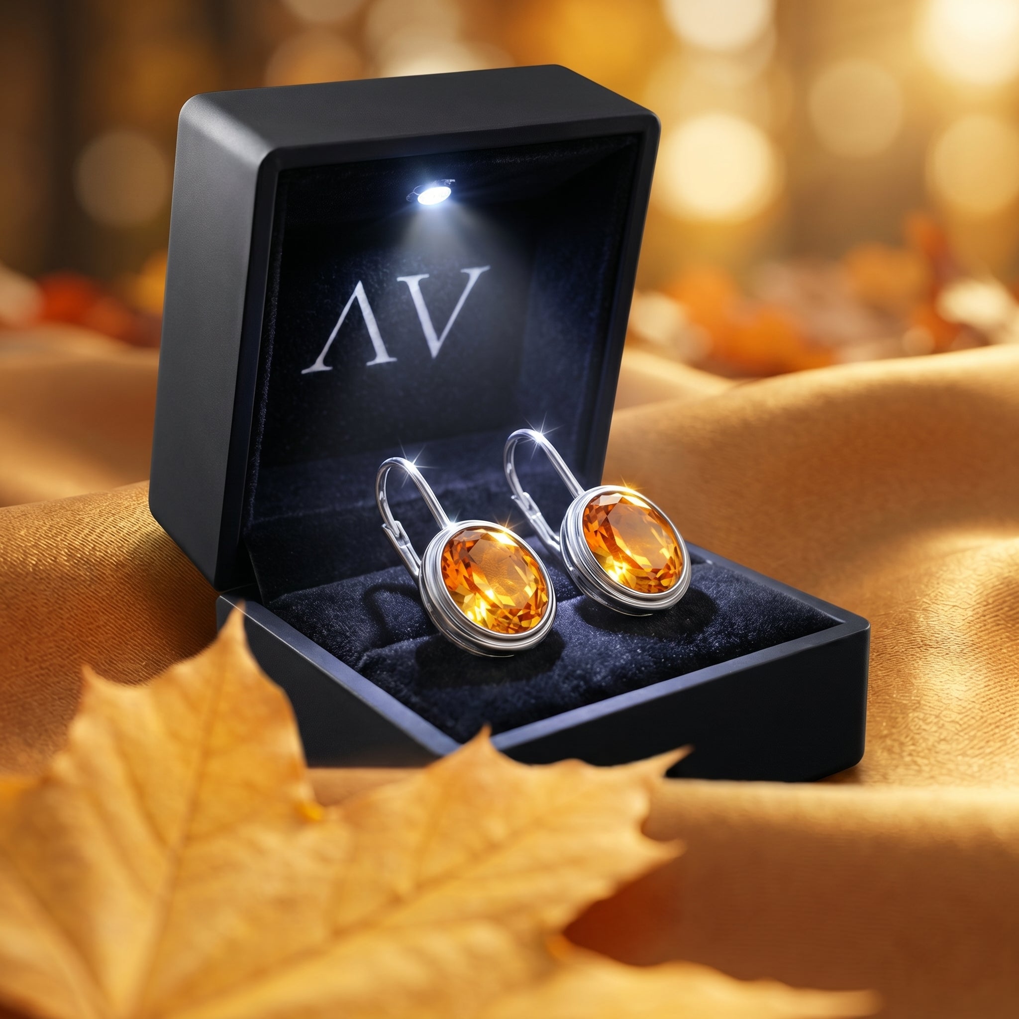 Natural oval citrine earrings in a black LED-lighted jewelry box on a golden fabric background.