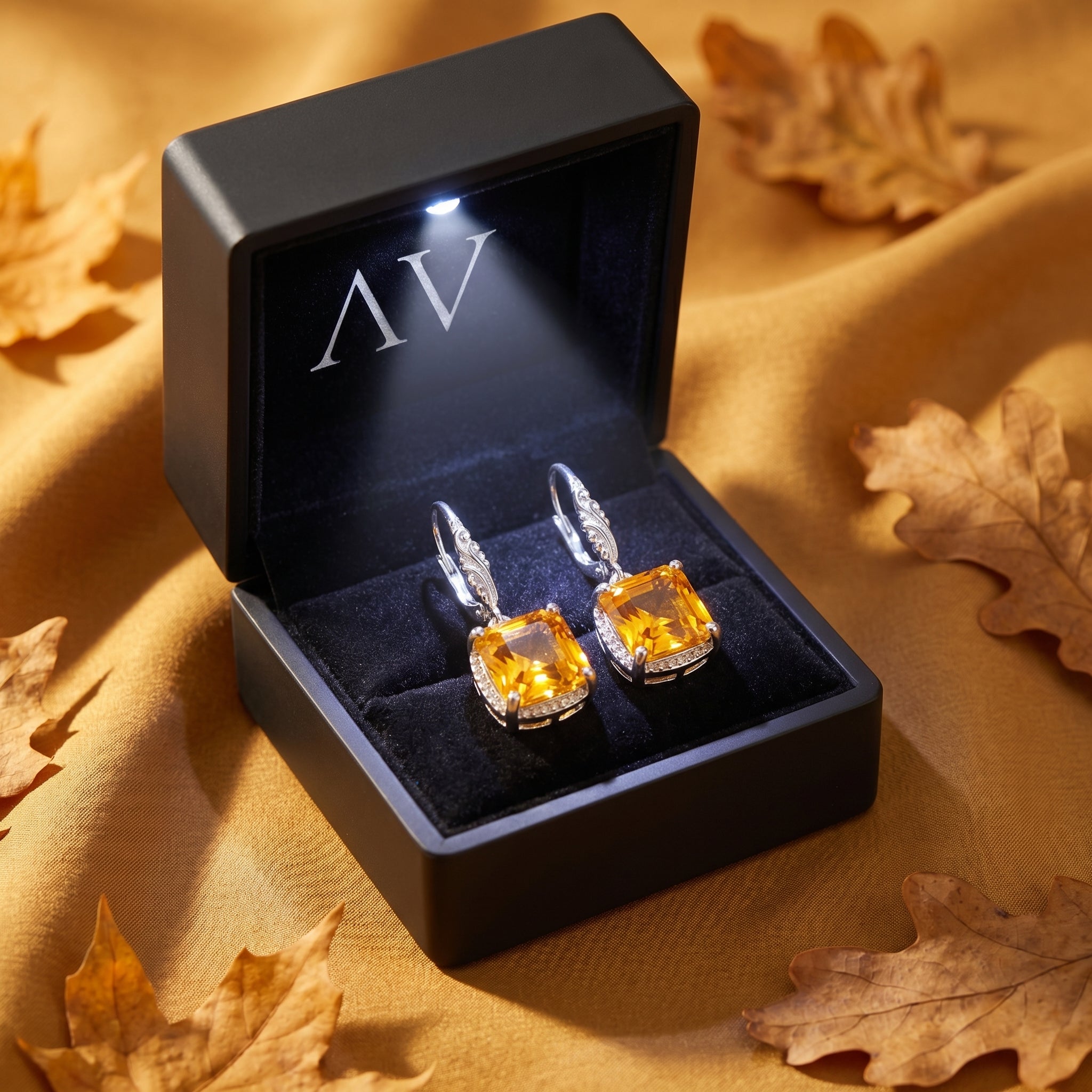 Square cut natural citrine drop earrings in silver presented in a black lighted jewelry gift box.