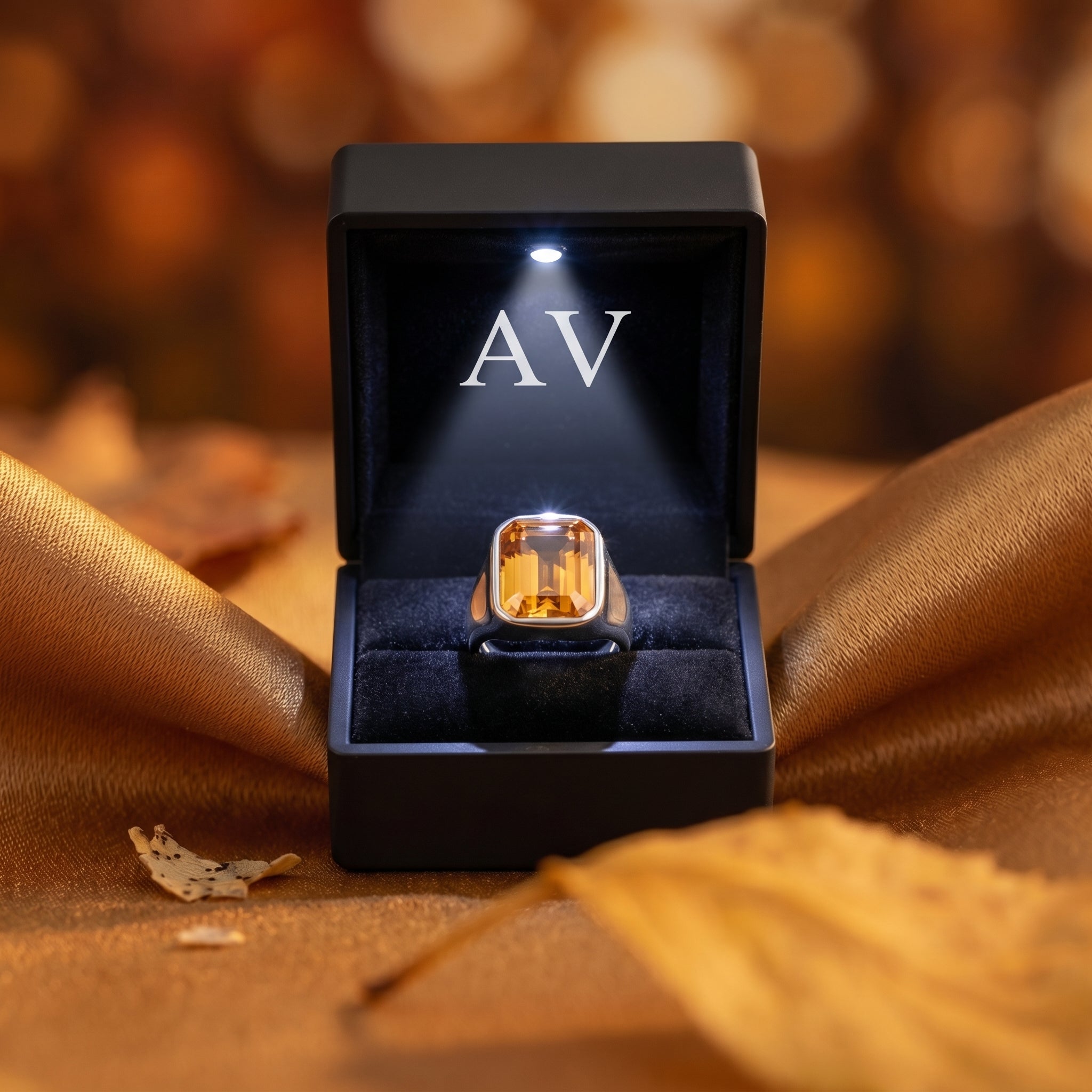 Silver emerald-cut citrine ring presented in a black LED-lit jewelry box with AV branding.