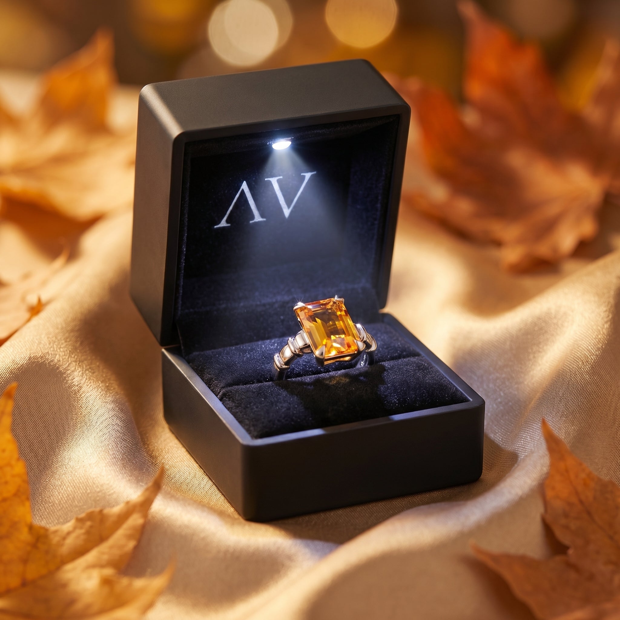 Emerald cut citrine ring inside a black LED-lit jewelry box with autumn leaf accents.