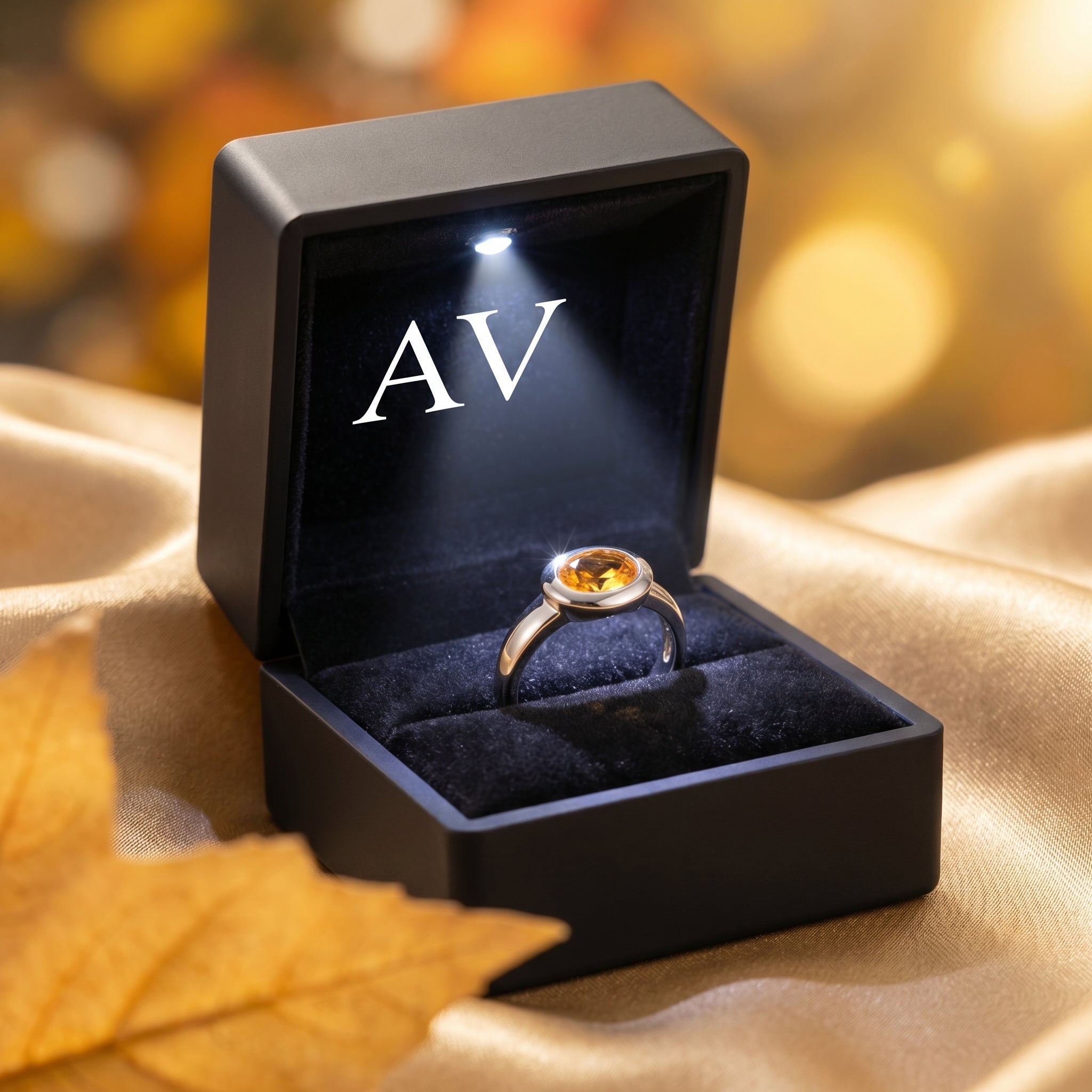 Natural citrine silver ring presented in a black LED-lit jewelry gift box on golden fabric.