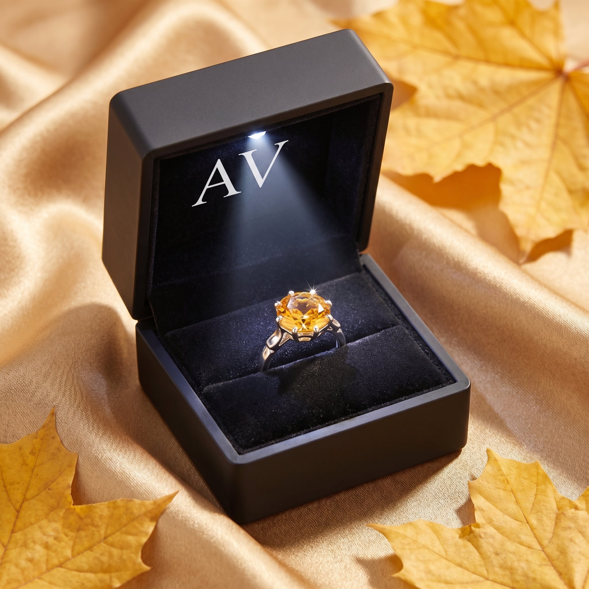 Round cut natural citrine ring in sterling silver presented in a lighted black jewelry box with autumn leaves.