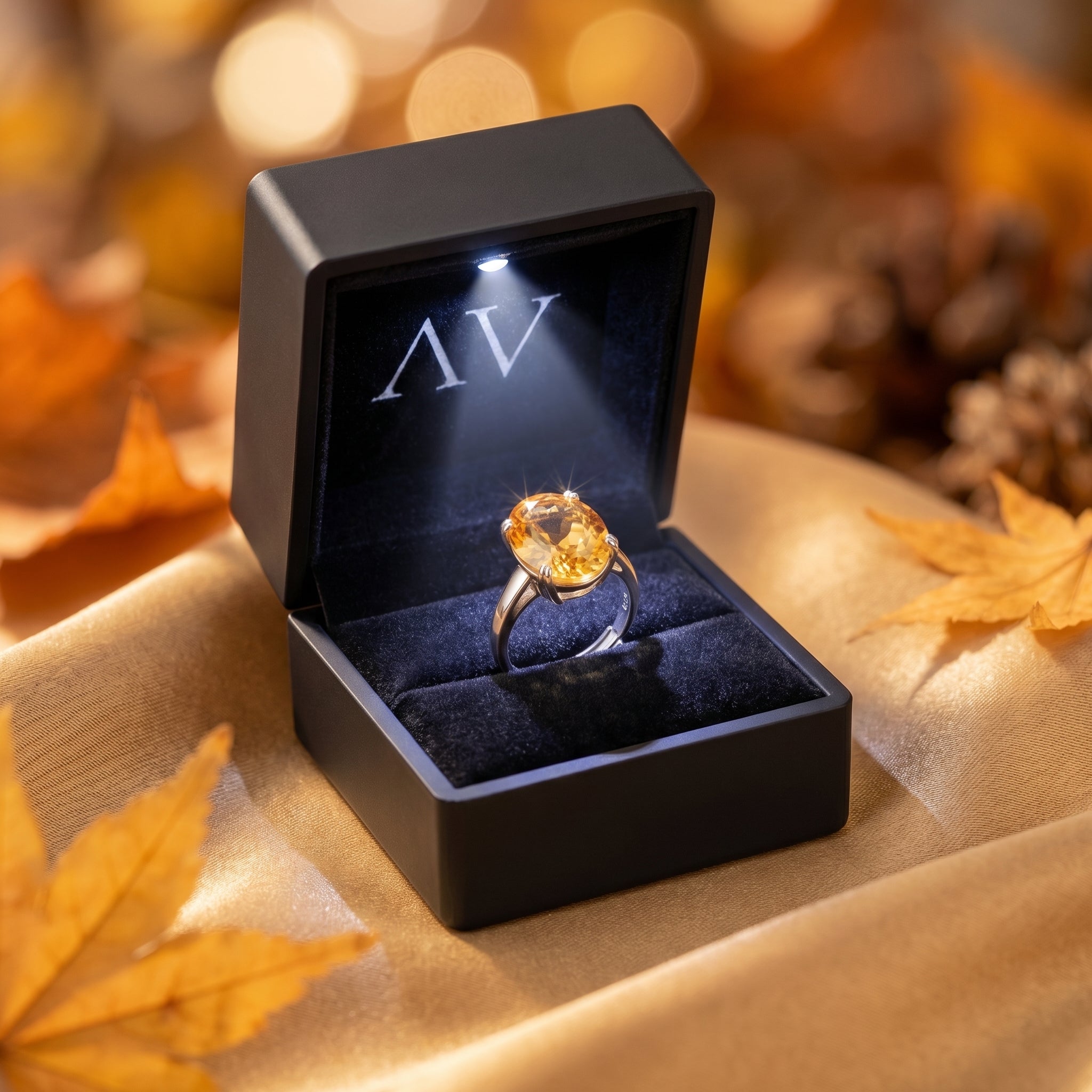 Oval natural citrine silver ring presented in a black LED-lit jewelry box with autumn decor.