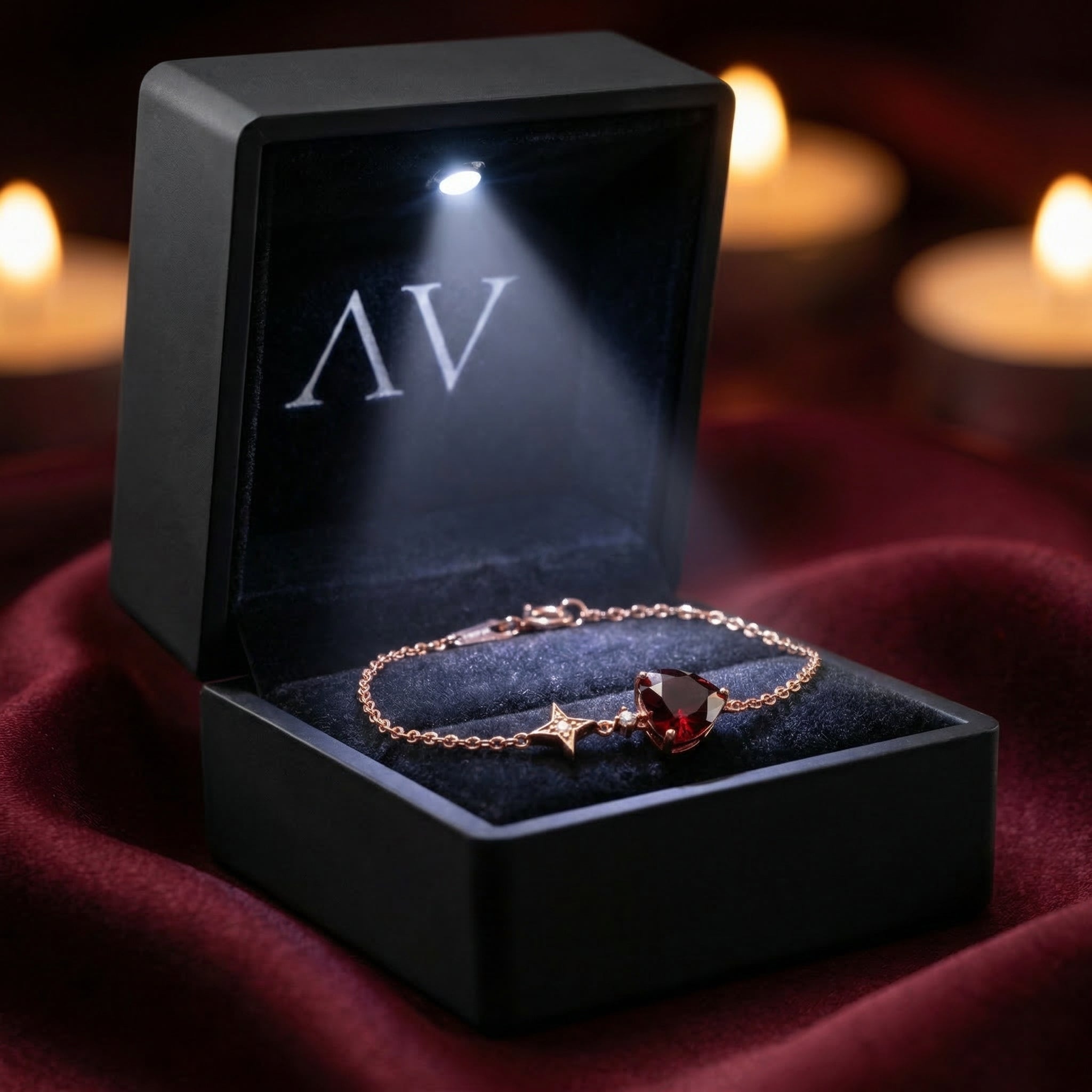 18K rose gold heart-cut garnet bracelet inside a black LED-lit jewelry presentation box.