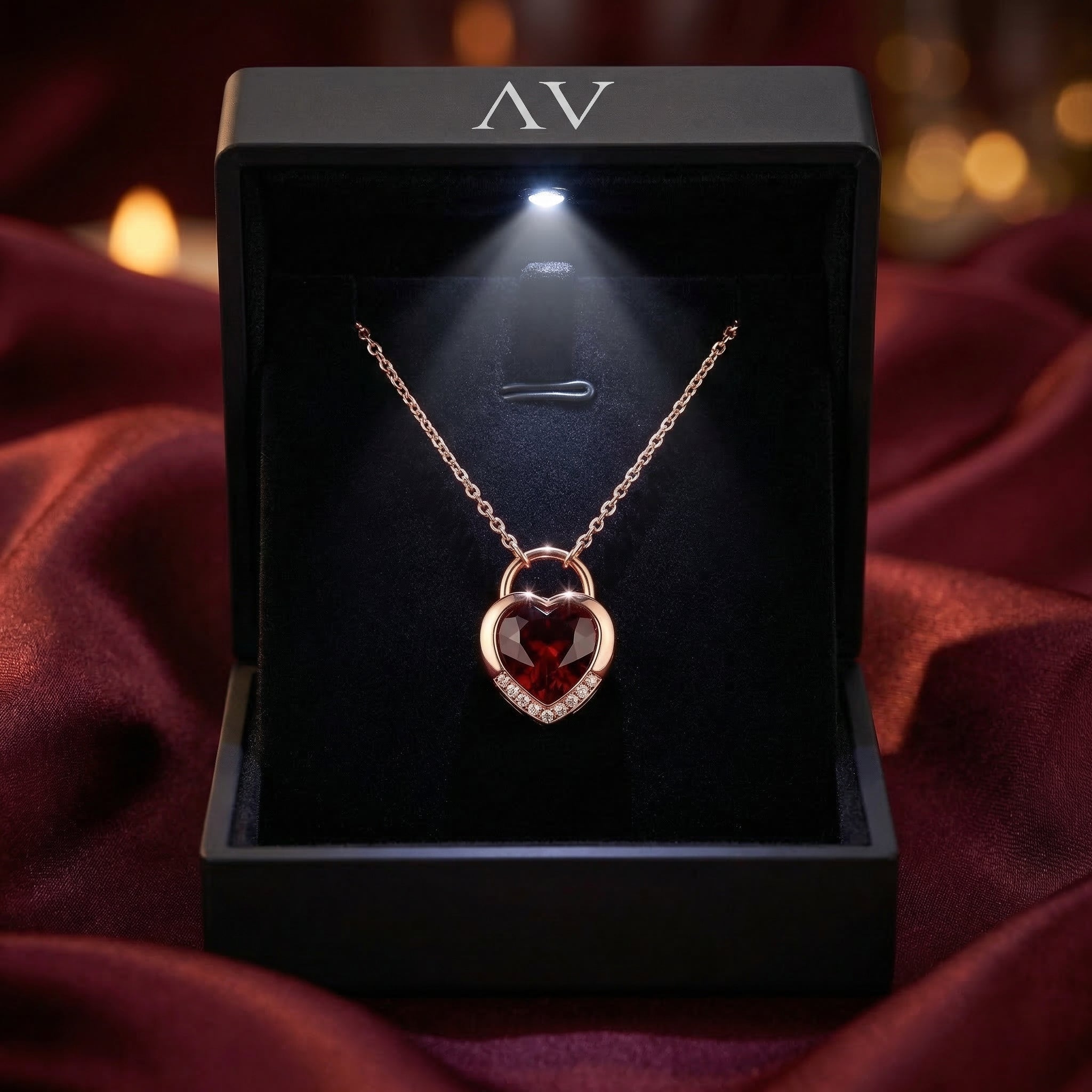 Natural garnet heart necklace in 18K rose gold inside a black illuminated jewelry gift box.