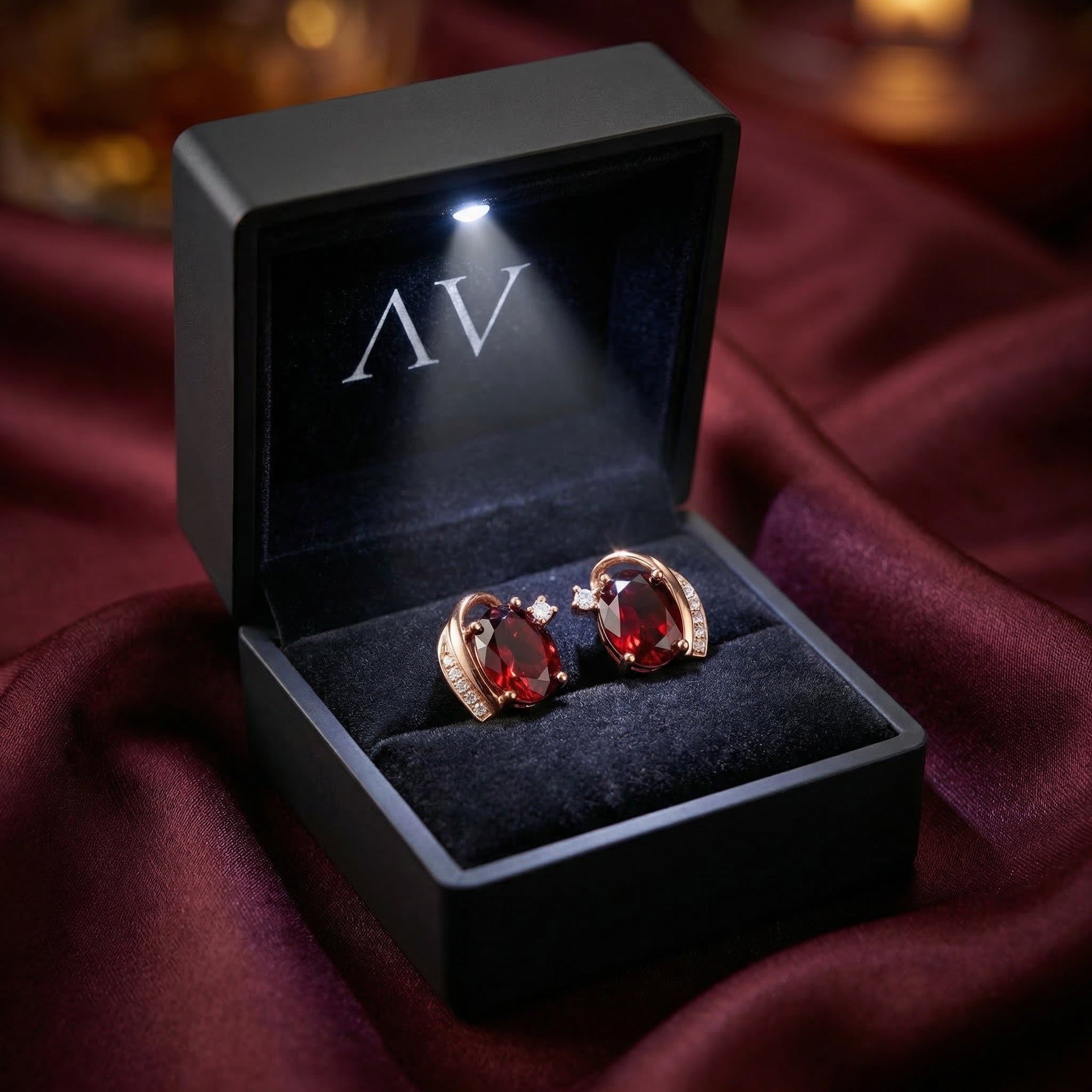 Carisia 18K rose gold and oval garnet drop earrings presented in a luxury black lighted jewelry gift box.
