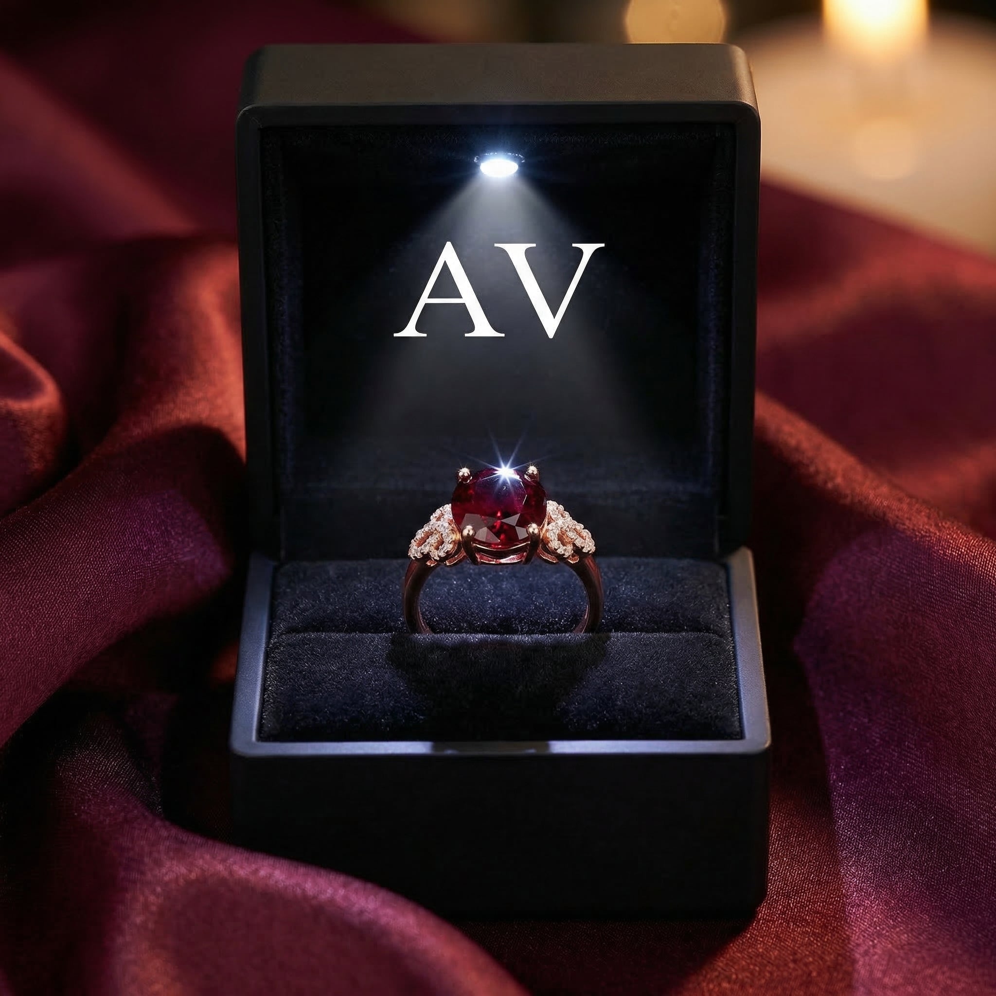 Oval natural garnet halo ring in 18K rose gold presented in a lighted black jewelry box.