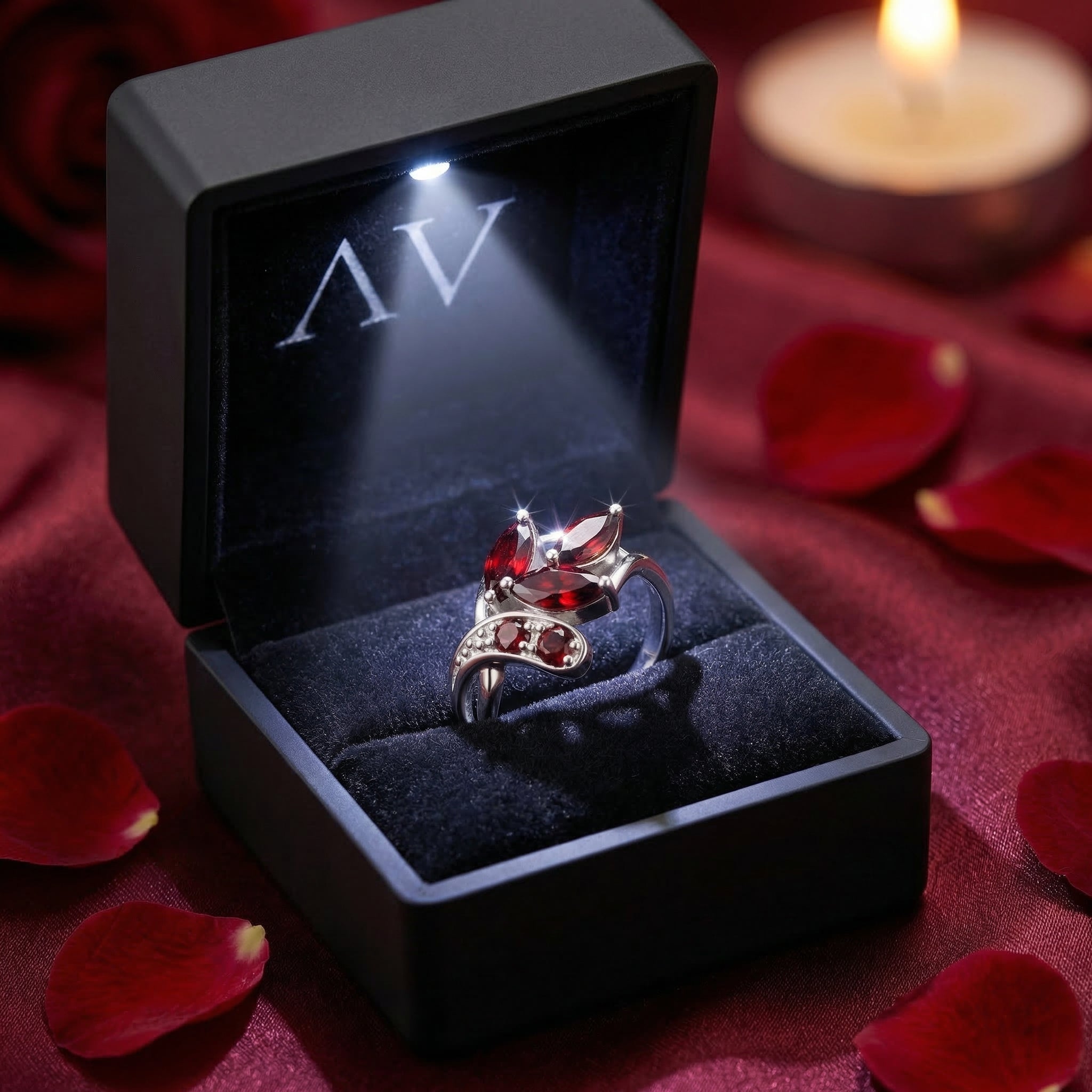 Elestria sterling silver garnet ring in a black LED-lit jewelry box with rose petals, showing the stones' brilliance.