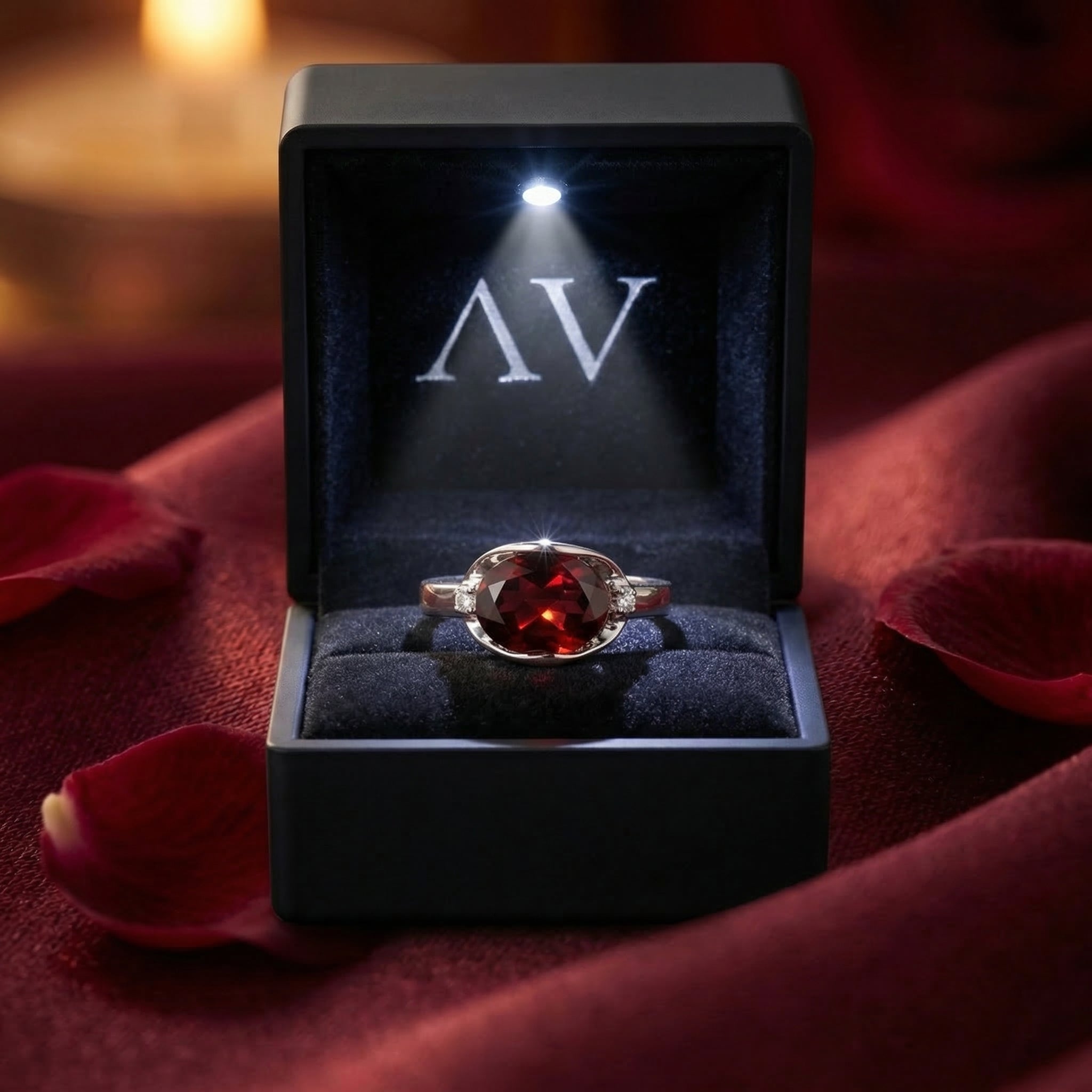 Natural garnet sterling silver statement ring presented in a black lighted jewelry gift box.
