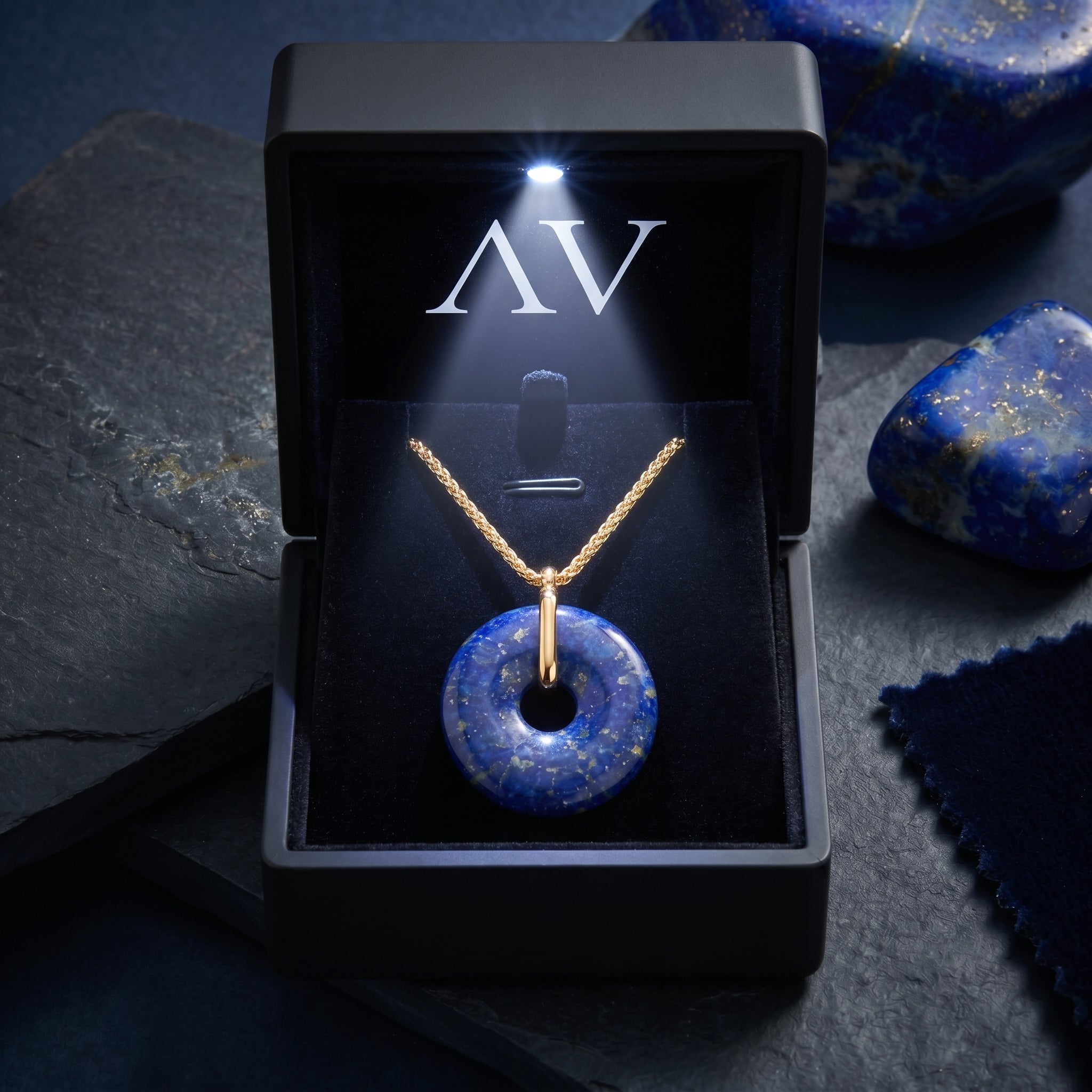 Gold plated lapis lazuli pendant necklace displayed in a premium black lighted gift box with AV logo.