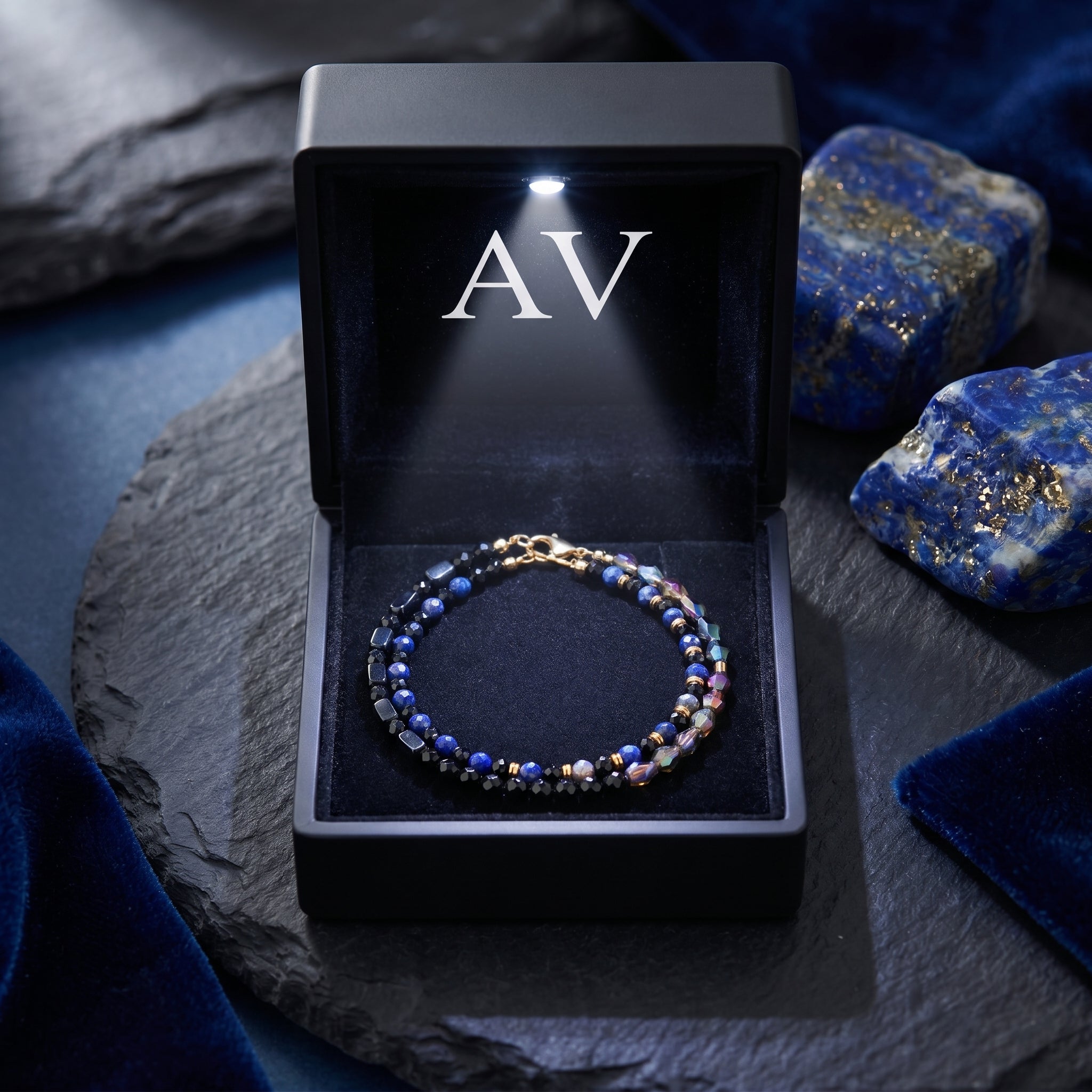 Gold-plated natural lapis lazuli layered necklace set inside a black lighted gift box with AV branding.