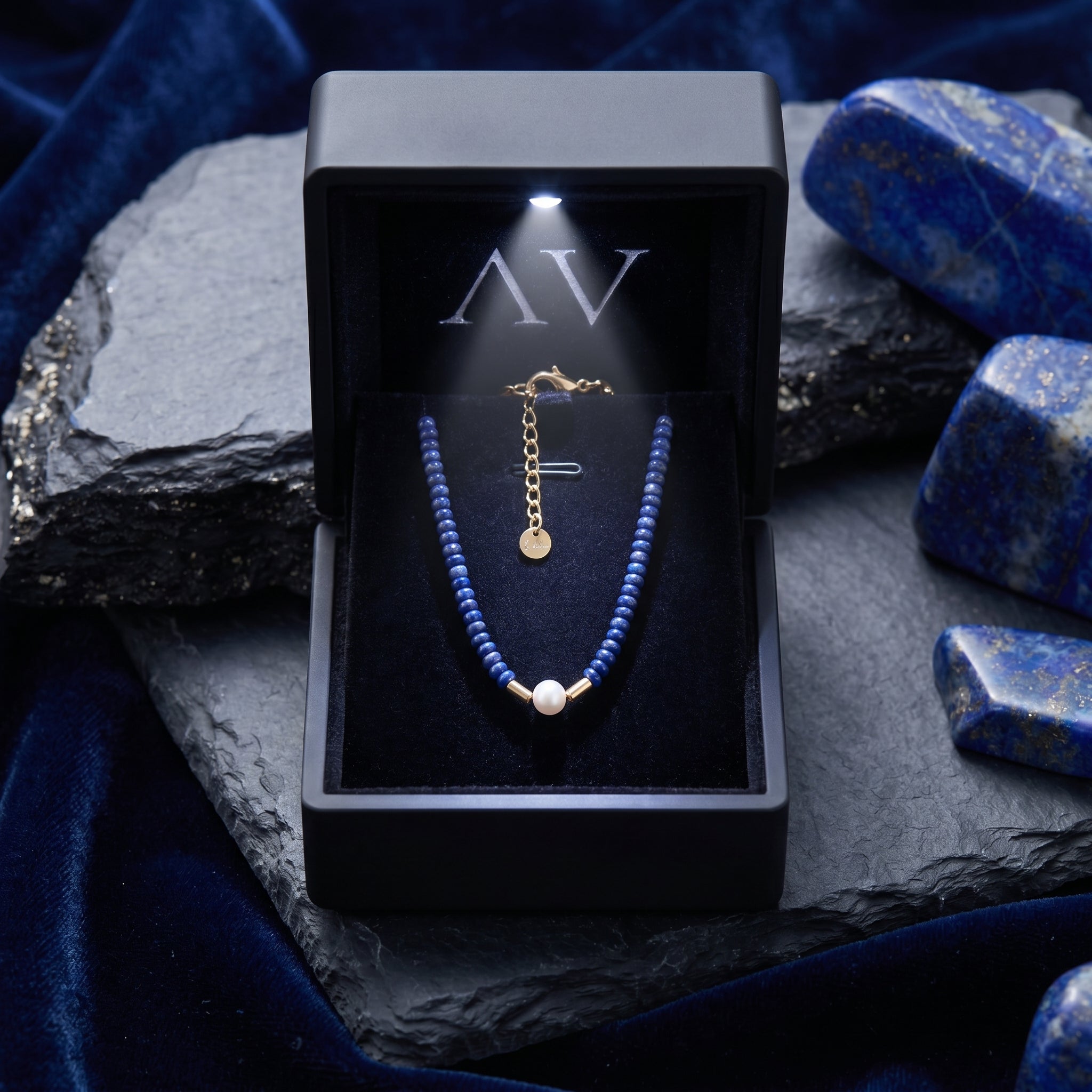 Lapis lazuli and pearl necklace presented in a premium black LED-lit gift box on a slate and velvet background.