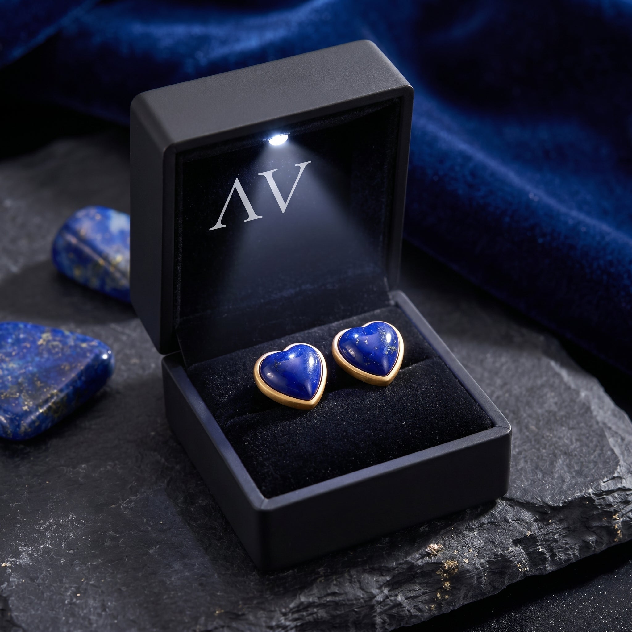 Heart-shaped natural lapis lazuli earrings in 18k gold plating inside a black LED-lit jewelry gift box.