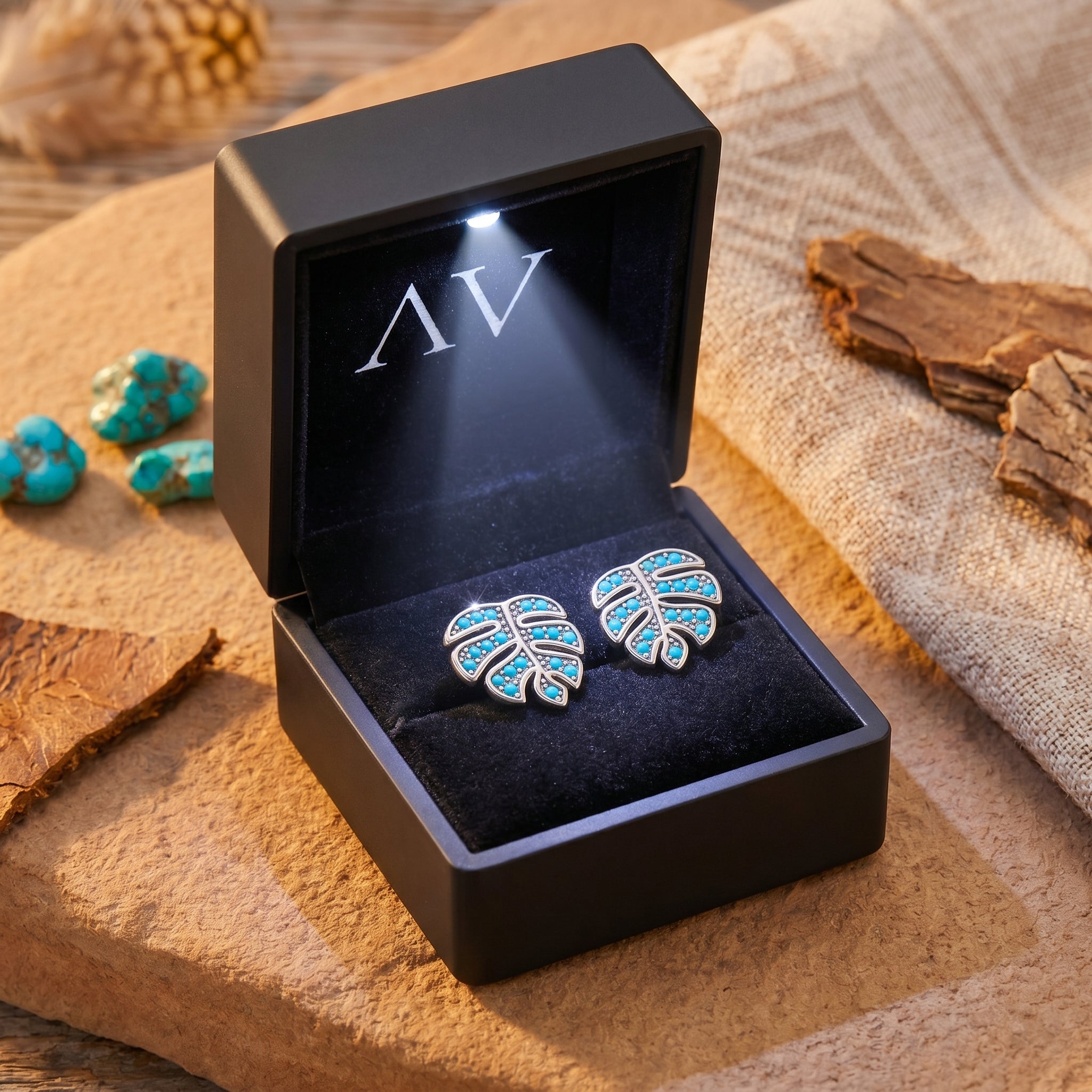 Silver monstera leaf turquoise earrings presented in a black LED-lit jewelry gift box.