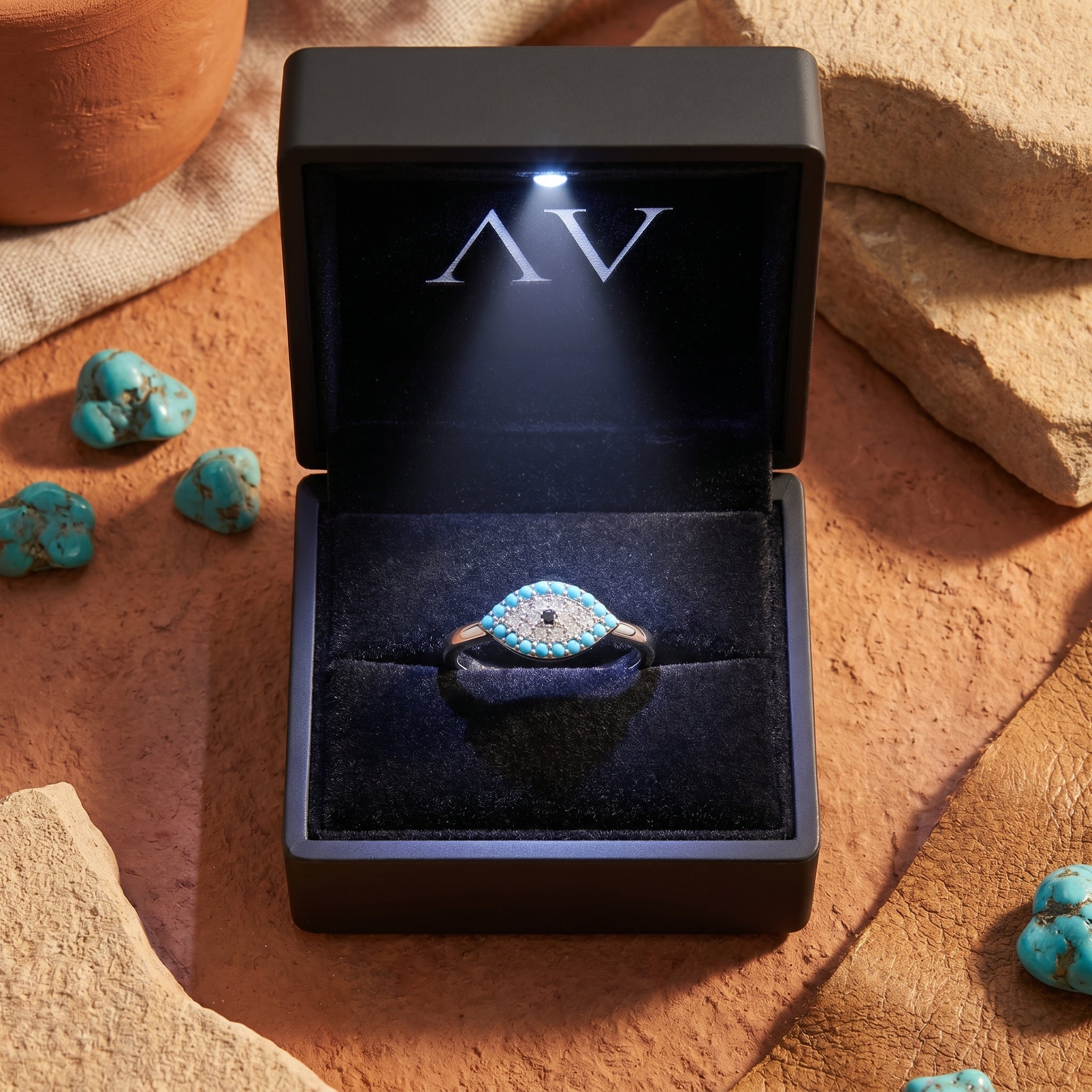 Silver Samira turquoise ring presented in a black LED-lit jewelry gift box on a desert-themed background.