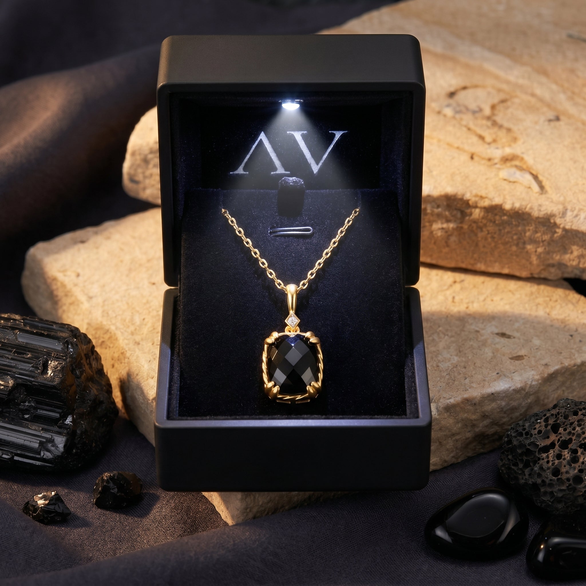 The Eclipsia black onyx pendant necklace presented in a luxury black illuminated gift box with AV branding.