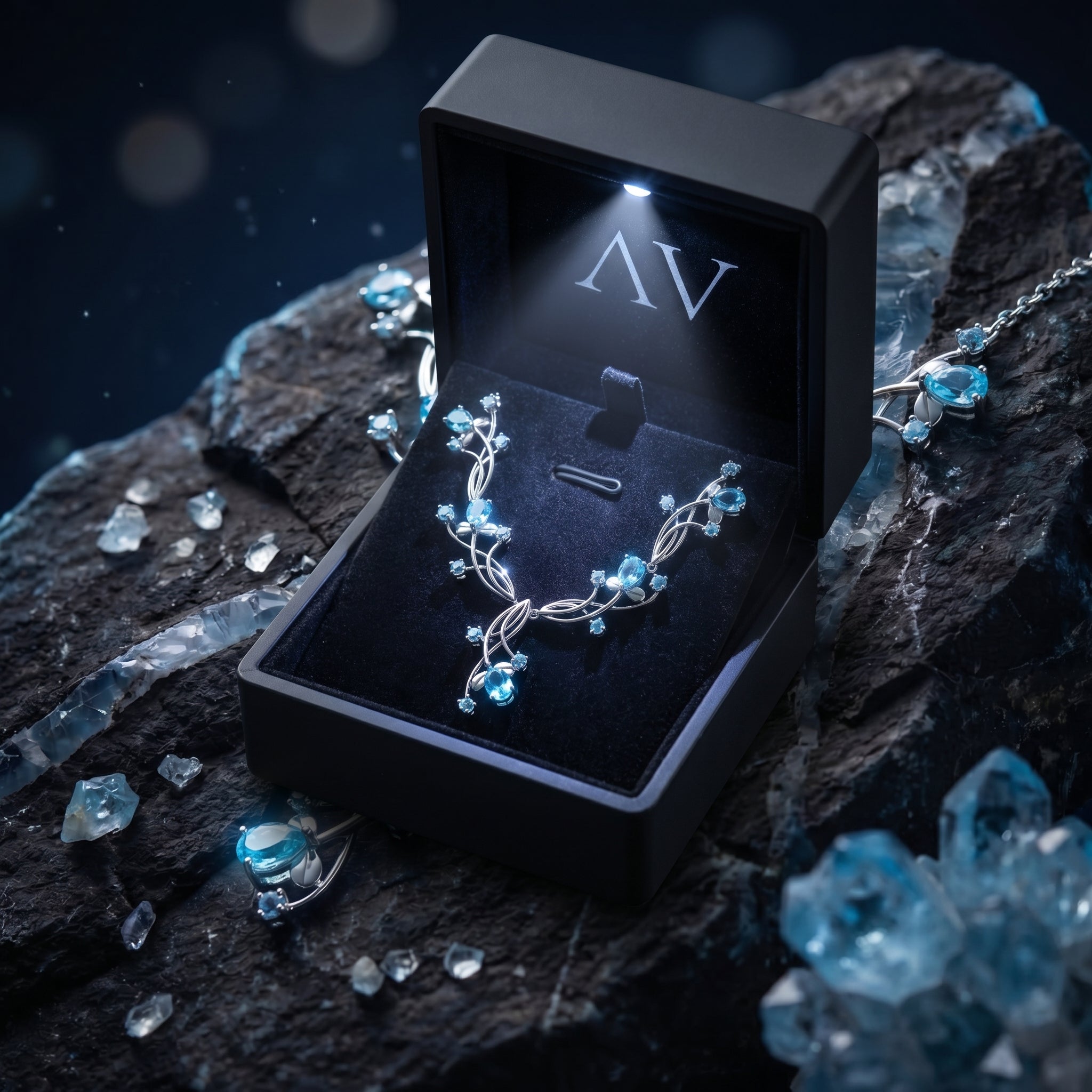 Loredana natural blue topaz necklace in a black illuminated gift box with LED light, placed on a rock background.