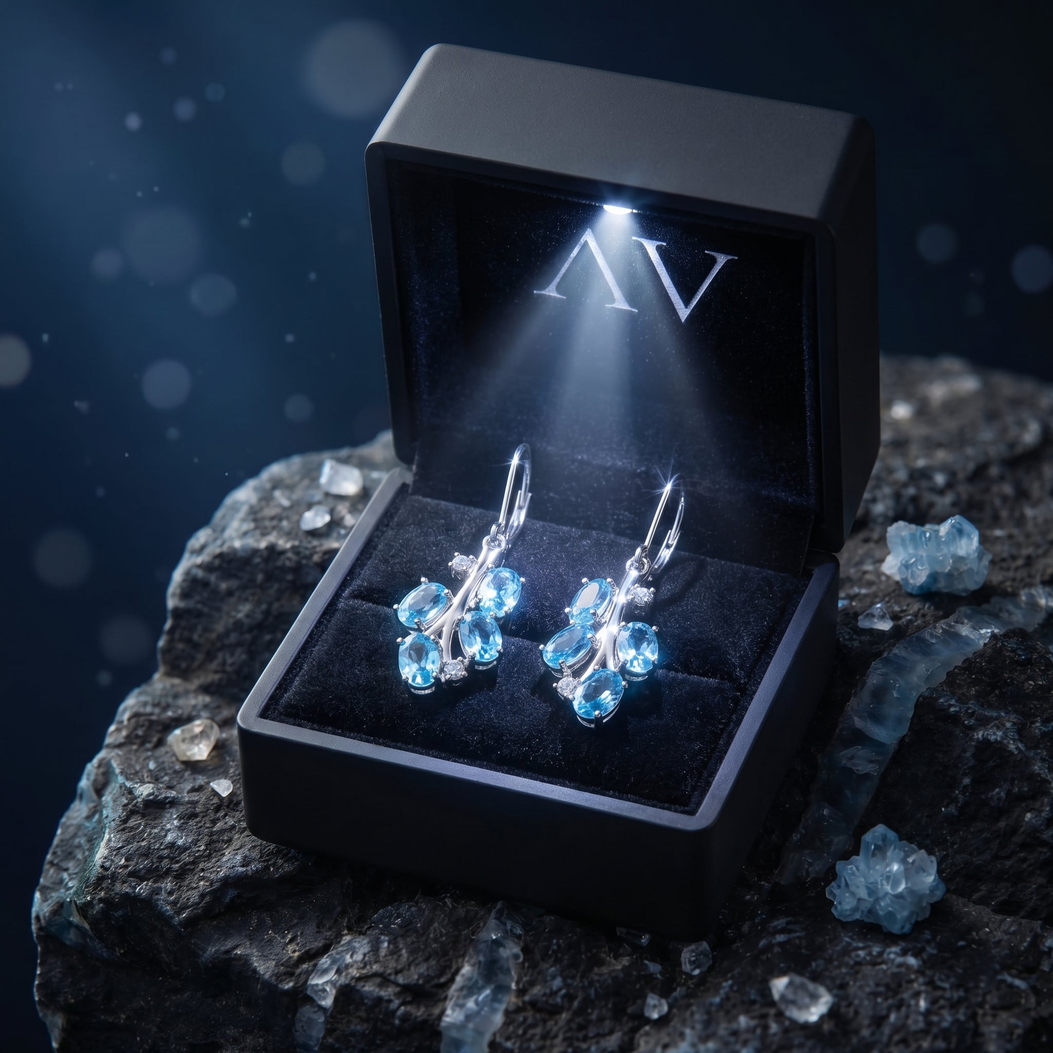 Silver blue topaz drop earrings in a black lighted gift box resting on a dark textured rock.