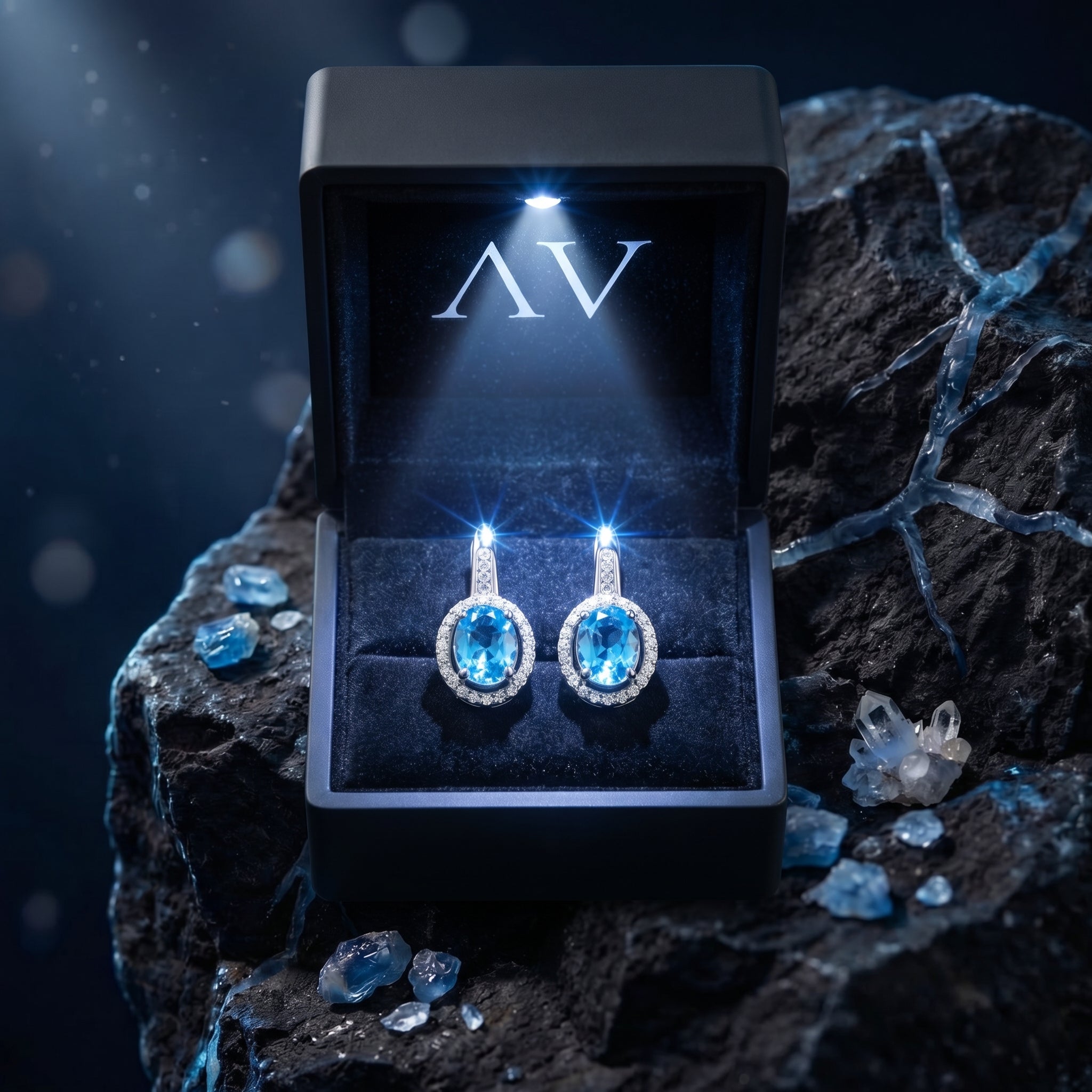 Silver oval Swiss blue topaz halo earrings in a premium lighted black gift box, set against a dark rock.