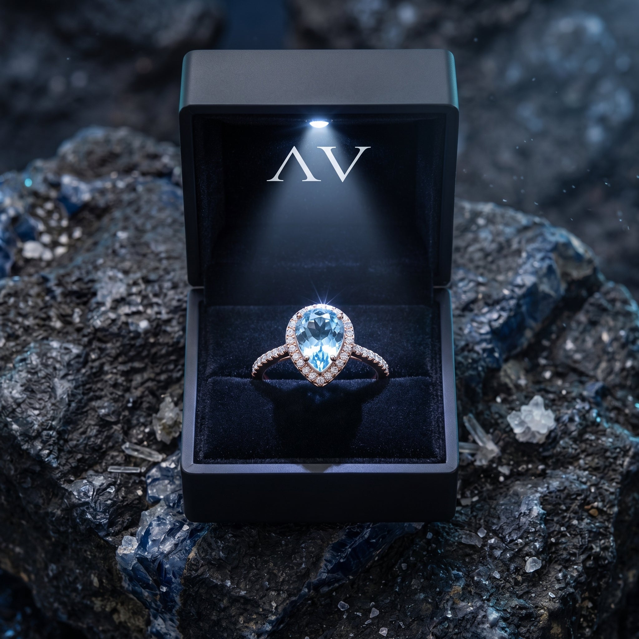 The Lysette pear cut blue topaz ring presented in a premium lighted black jewelry box on a rocky surface.