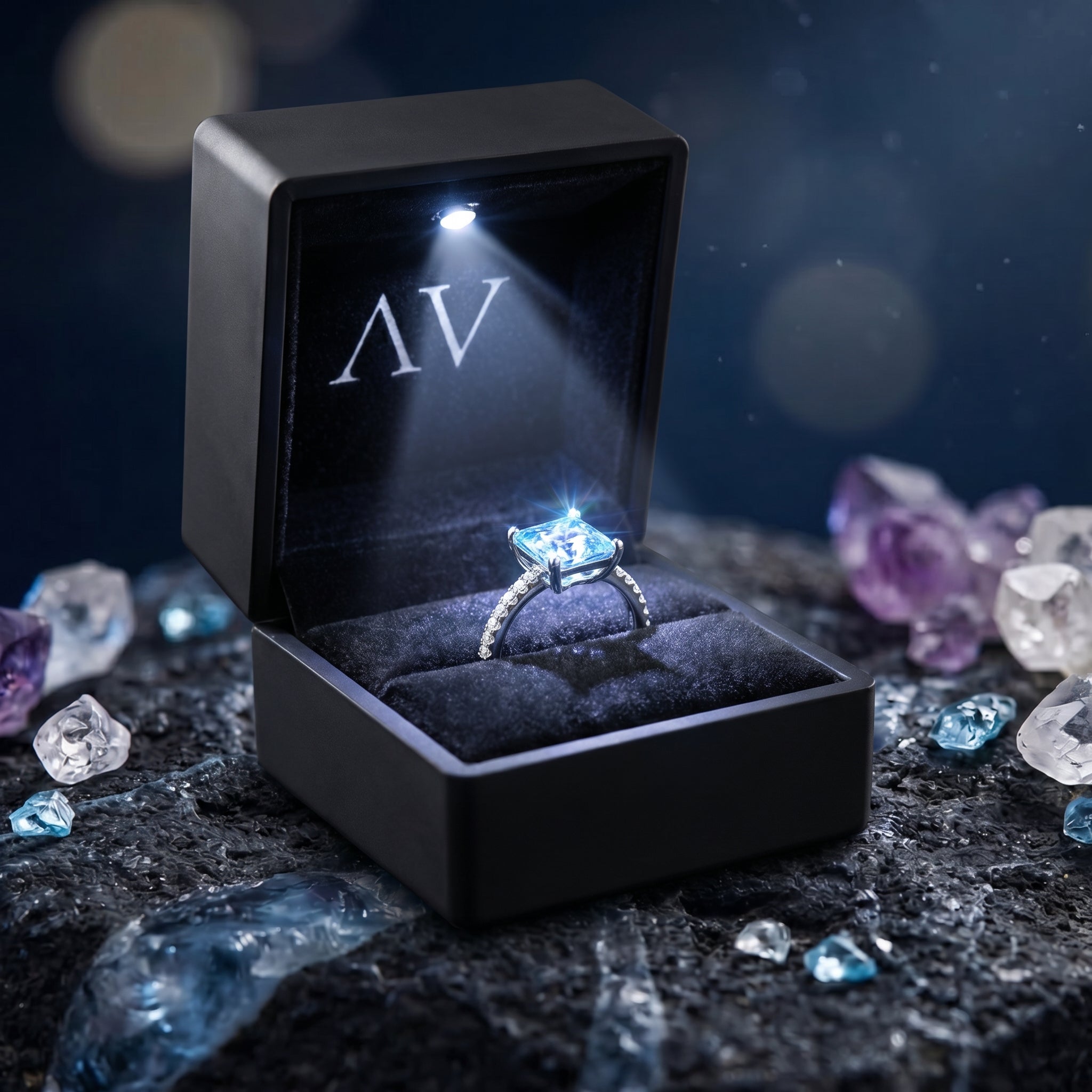 Princess cut natural blue topaz ring in a black LED-lighted jewelry gift box on a rocky surface.