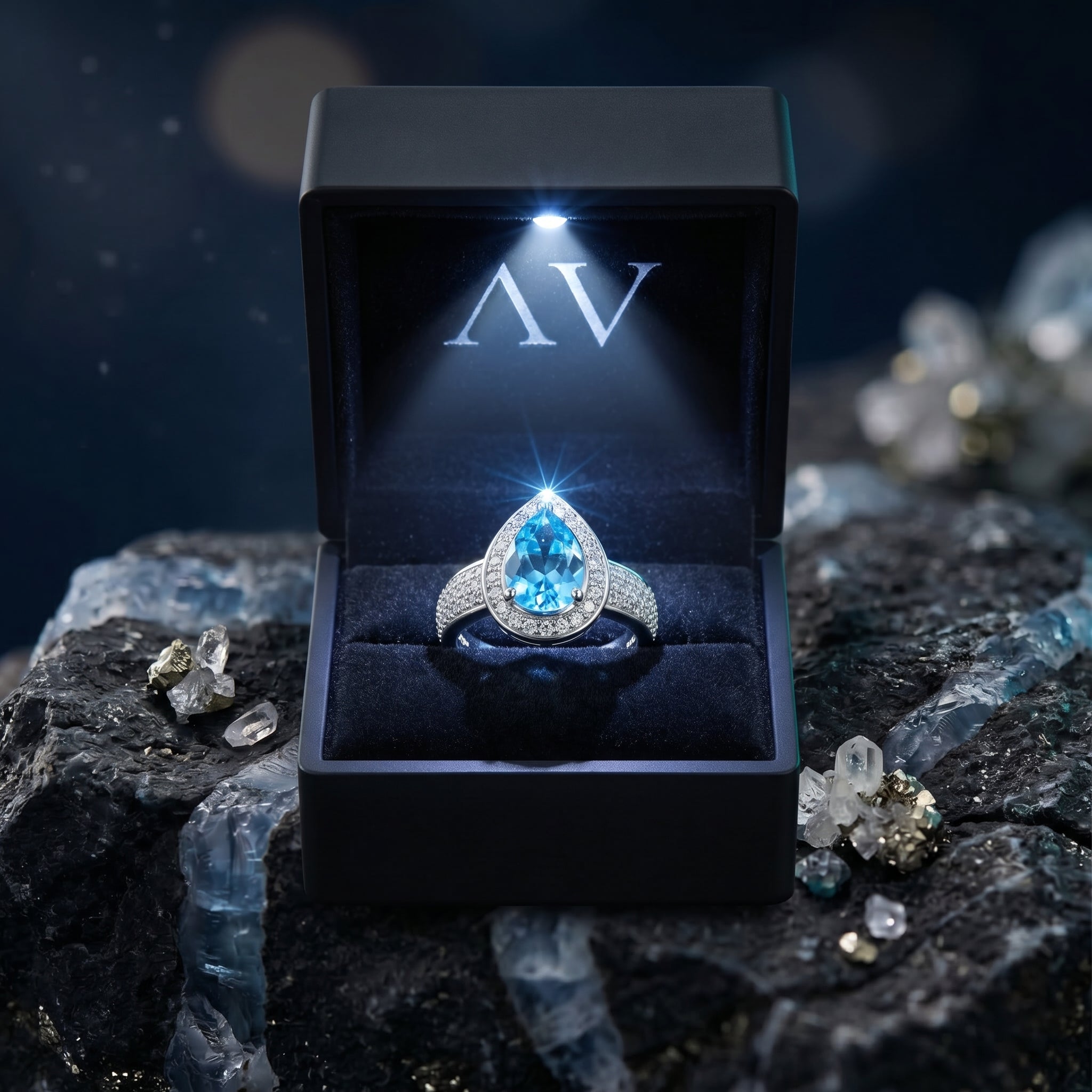 Mariana pear cut Swiss blue topaz ring presented in a lighted black jewelry box with the AV logo.
